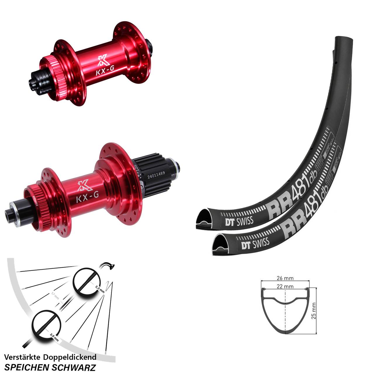 28 Zoll DT Swiss RR481 KX-G rot Centerlock Laufradsatz für Schnellspanner Micro Spline