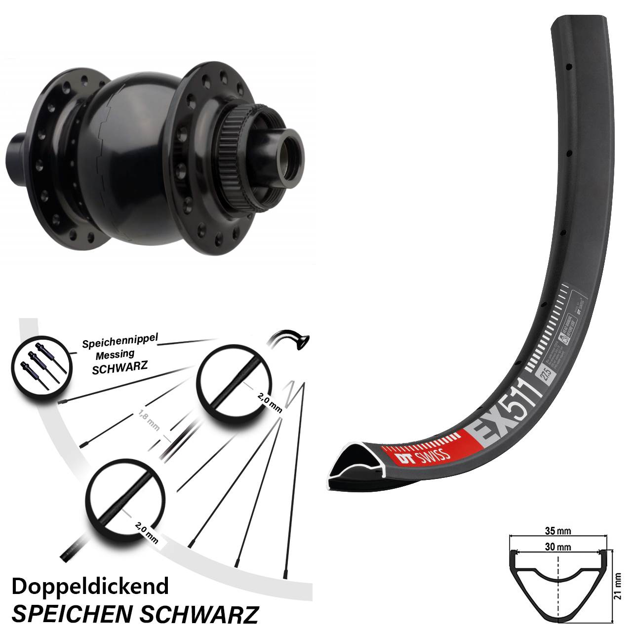 Nabendynamo-Vorderrad Centerlock 27,5 Zoll DT Swiss EX 511 SON 28 15x110 Boost