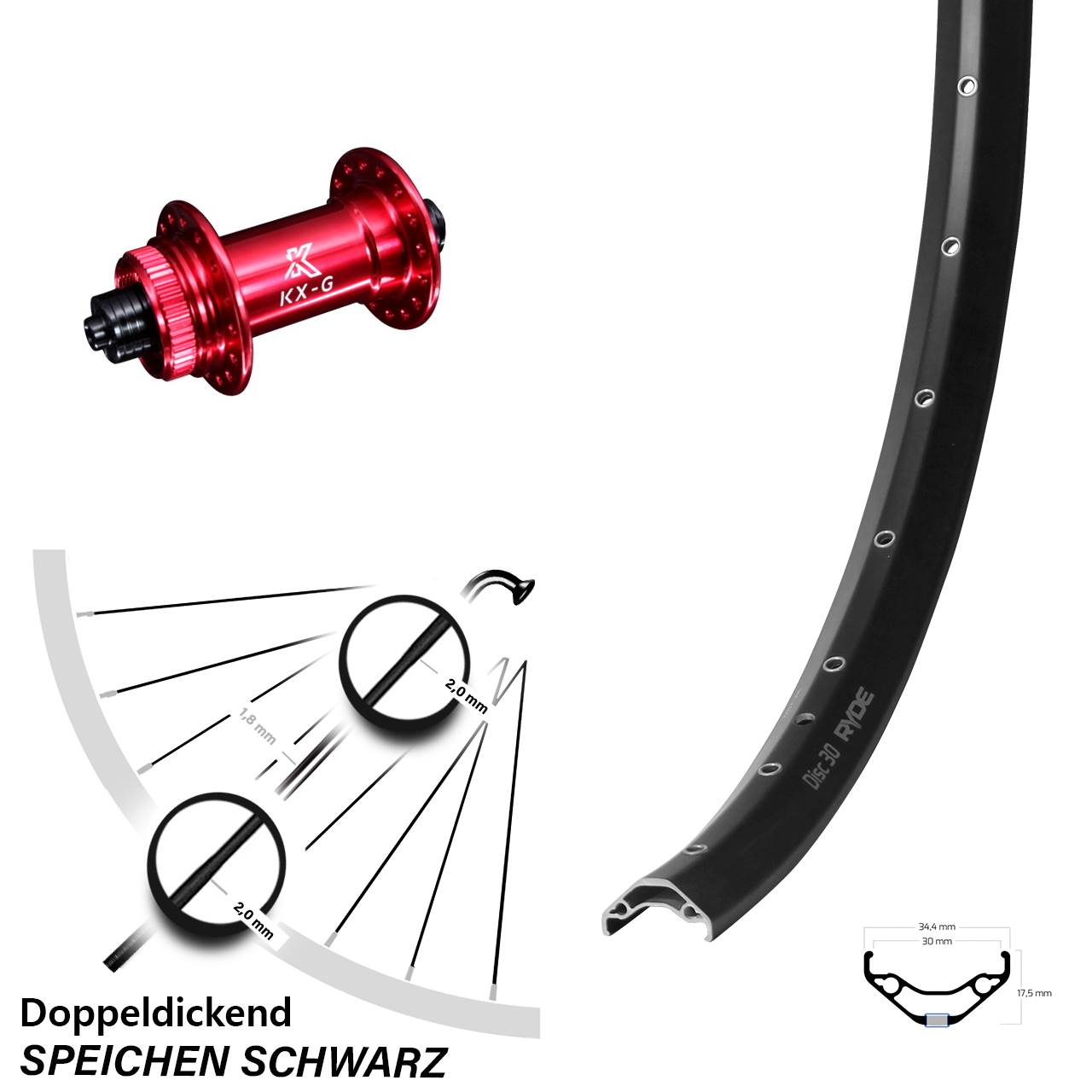 Disc Laufrad QR 29 Zoll Ryde Disc 30 KX-G rot