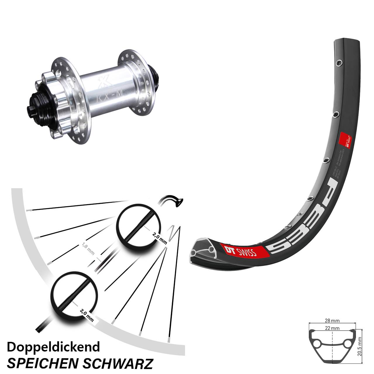 Laufrad 27,5 Zoll DT Swiss 533D Disc KX-M 6-Loch 5/100 silbern
