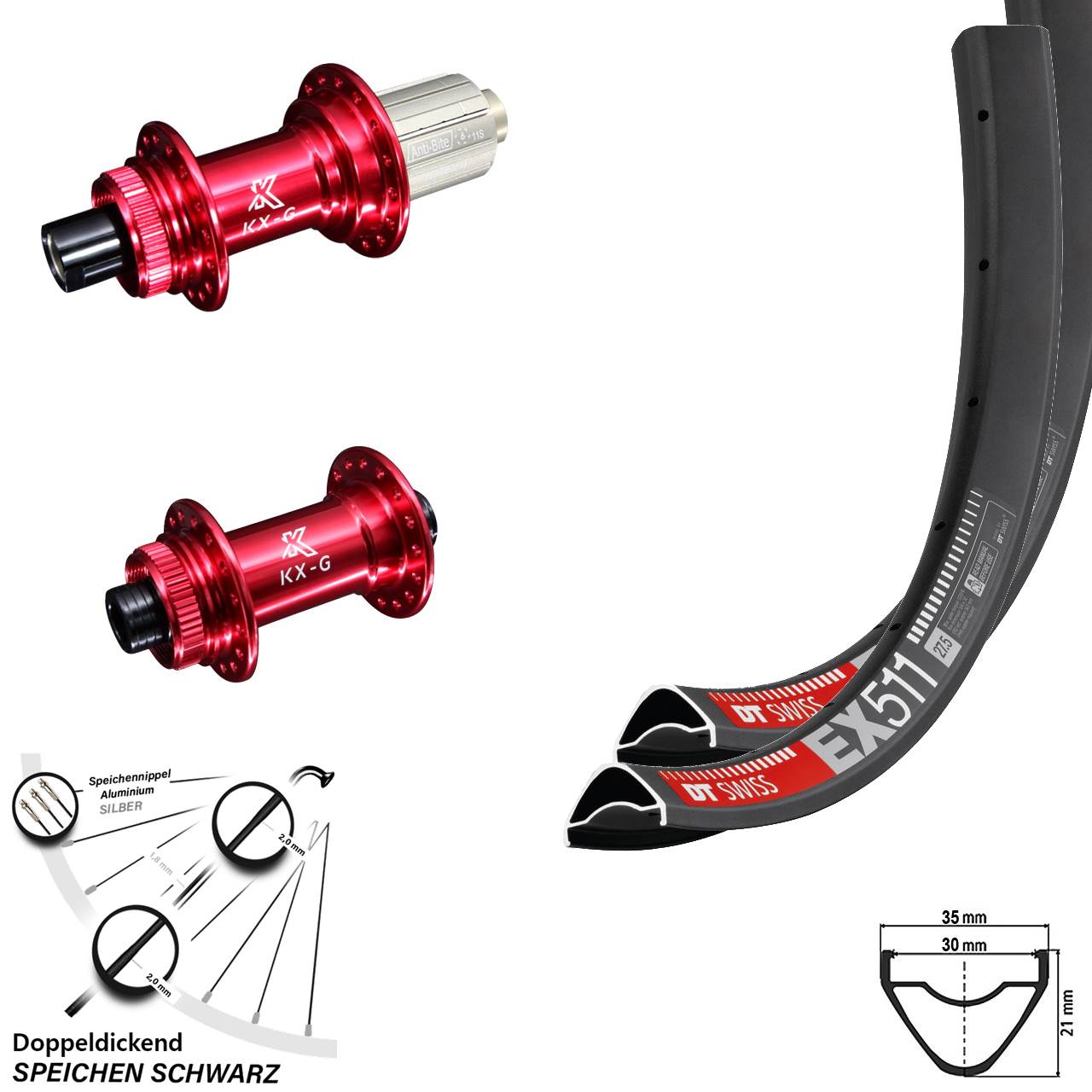 Disc Laufradsatz 27,5 Zoll DT Swiss EX 511 KX-G rot 8-12 fach HG 12x100/142