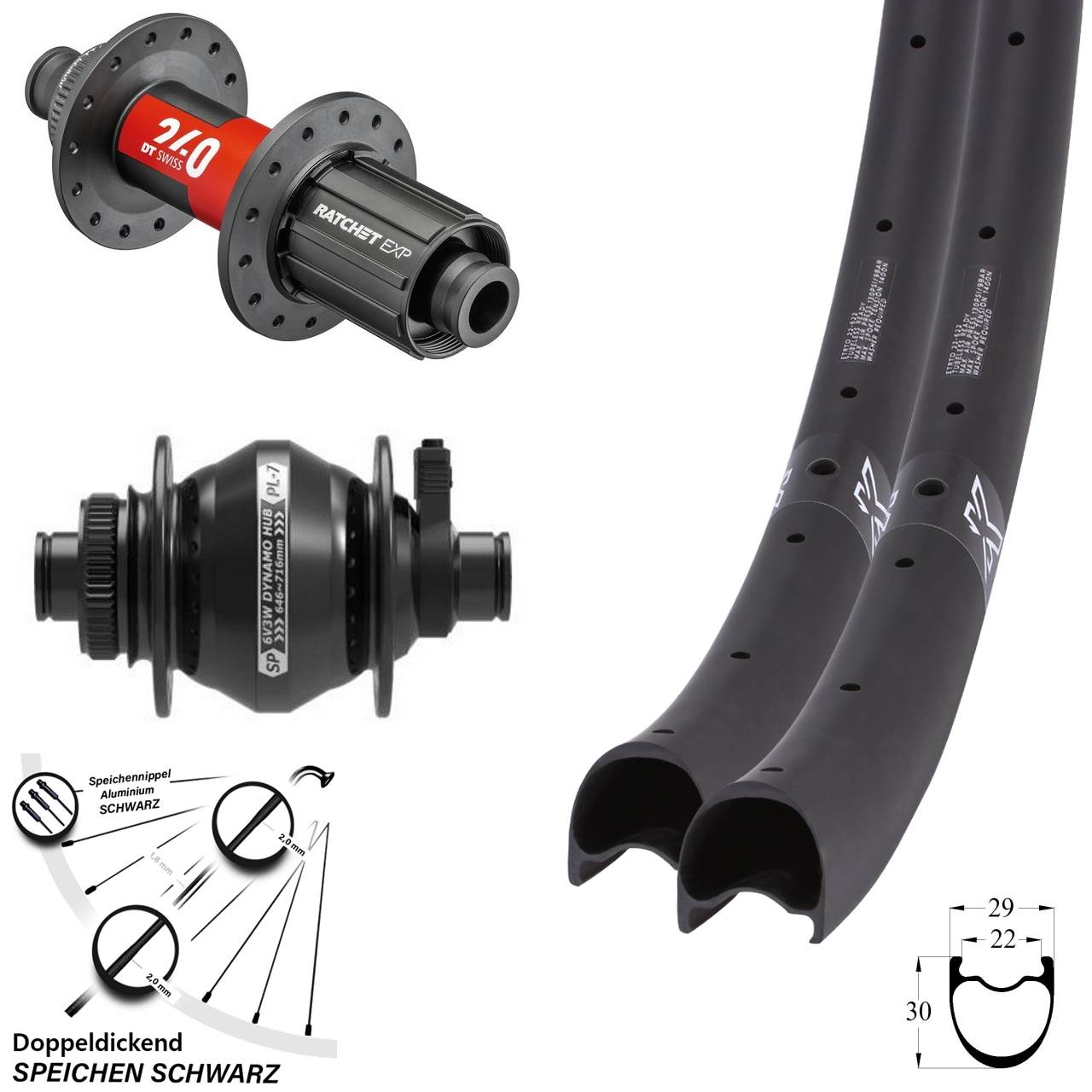 Laufradsatz 29 Zoll KX-RC Gravel Carbon DT Swiss 240 EXP SP PL-7 11-12 fach HG 12x100/142