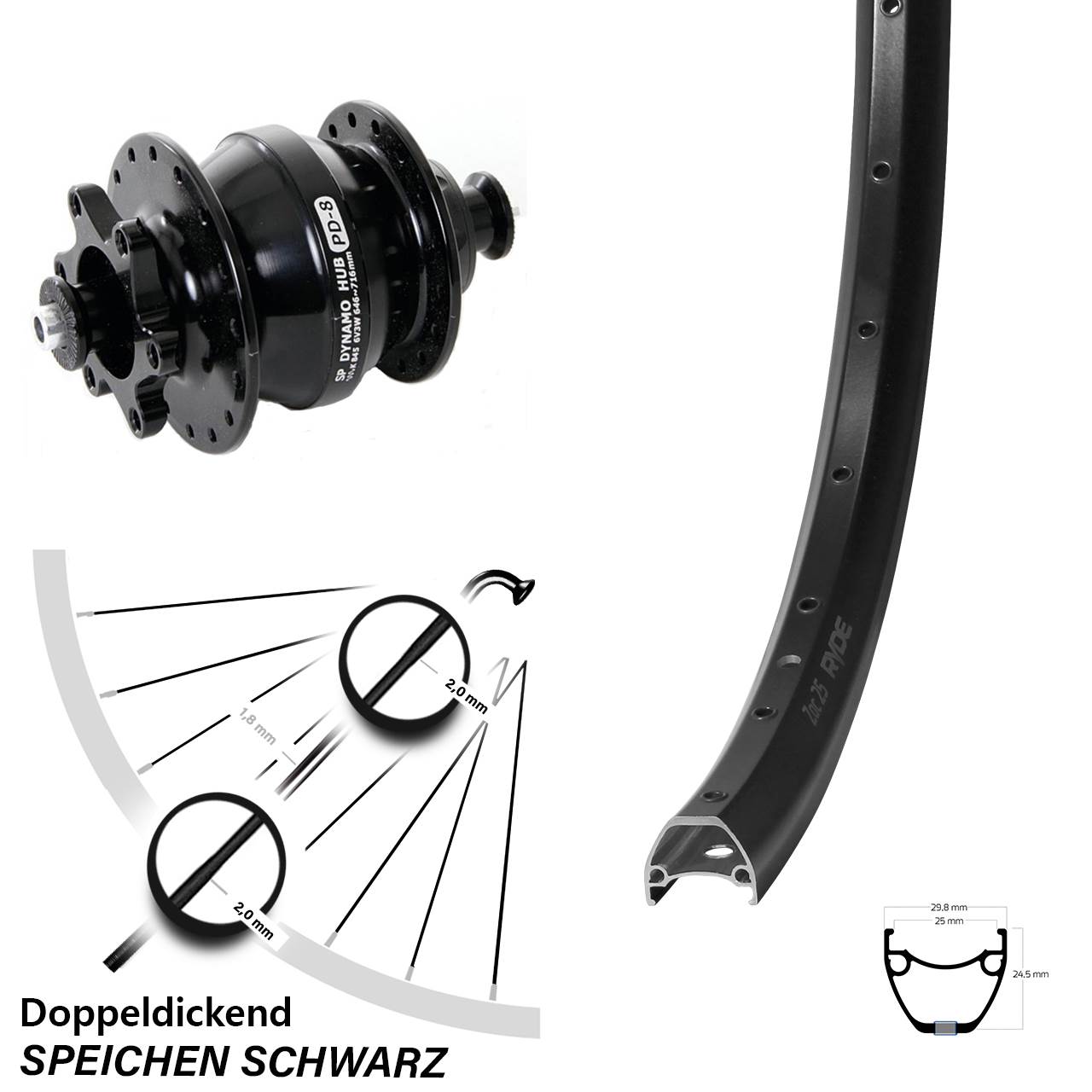 Disc Vorderrad mit Nabendynamo 28 Zoll Ryde ZAC 25 Shutter PD-8 für Schnellspanner