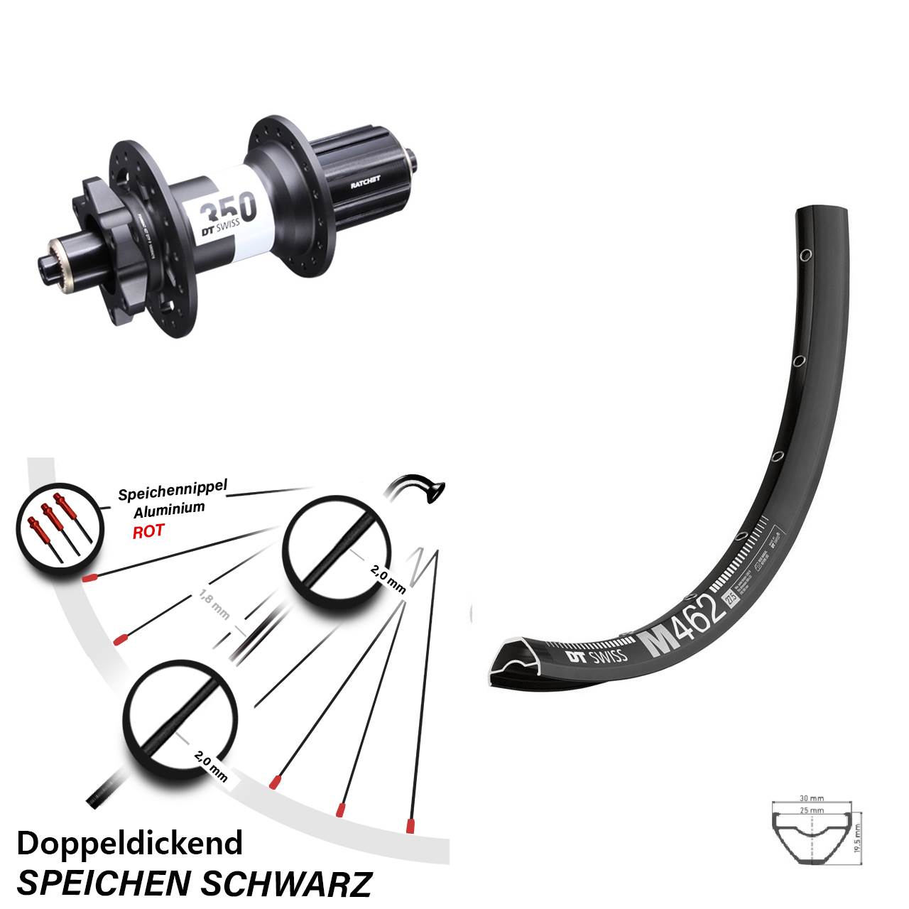 27,5 Zoll Hinterrad M 462 DT Swiss 350 5x135 mm 6-Loch 8-11 fach