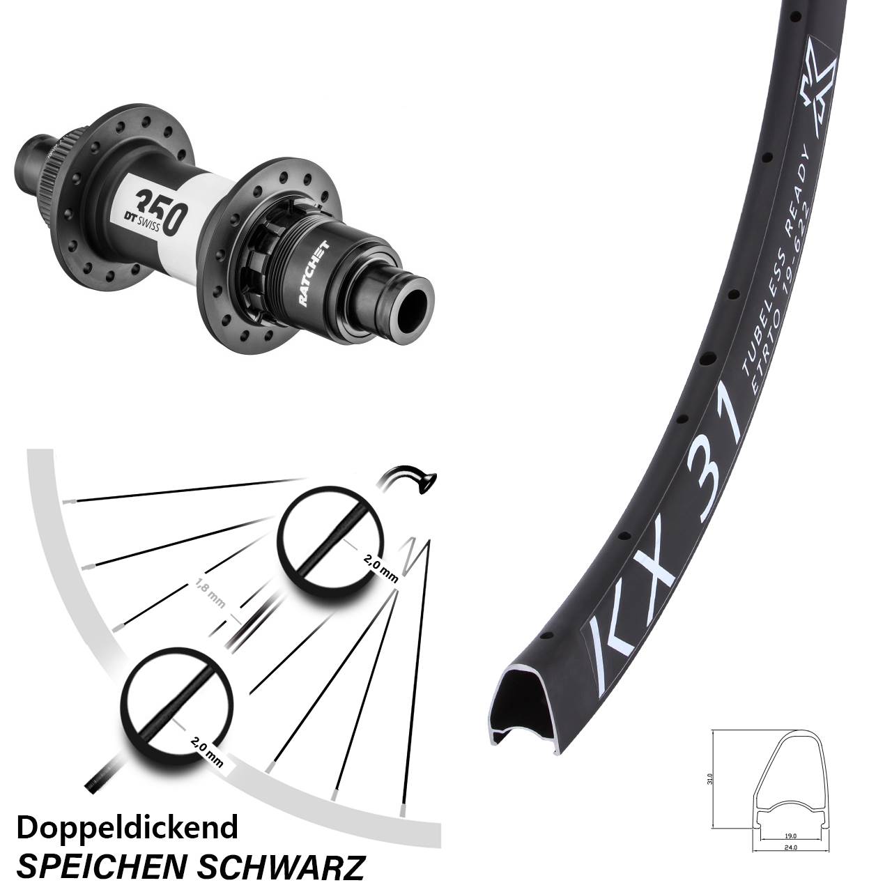 Hinterrad Centerlock 28 Zoll KX 31 Offset DT Swiss 350 XDR 12x142
