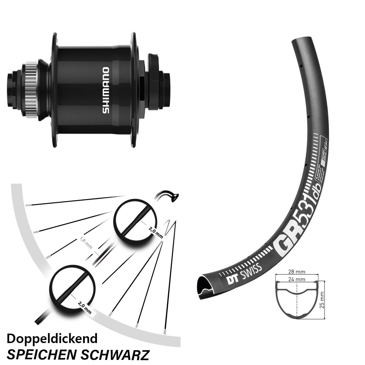 28 Zoll DT Swiss GR 531 Shimano DH-UR708 Disc Nabendynamovorderrad 15x100