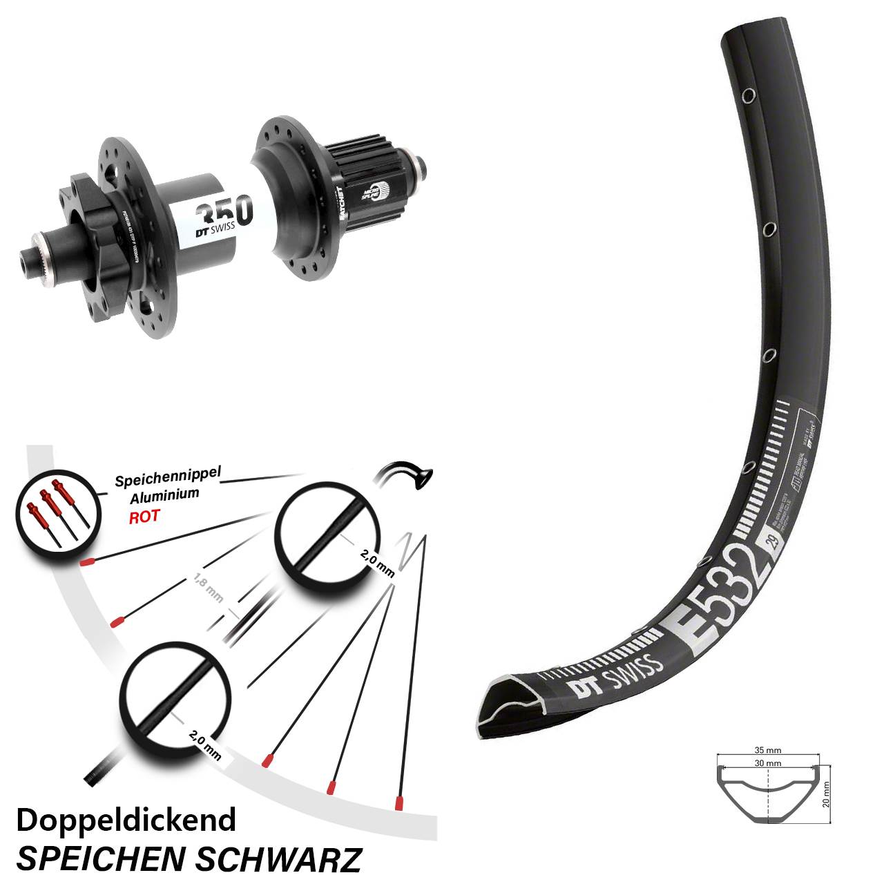 DT Swiss E 532 350 27,5 Zoll Disc Hinterrad für Schnellspanner Boost Shimano Micro Spline