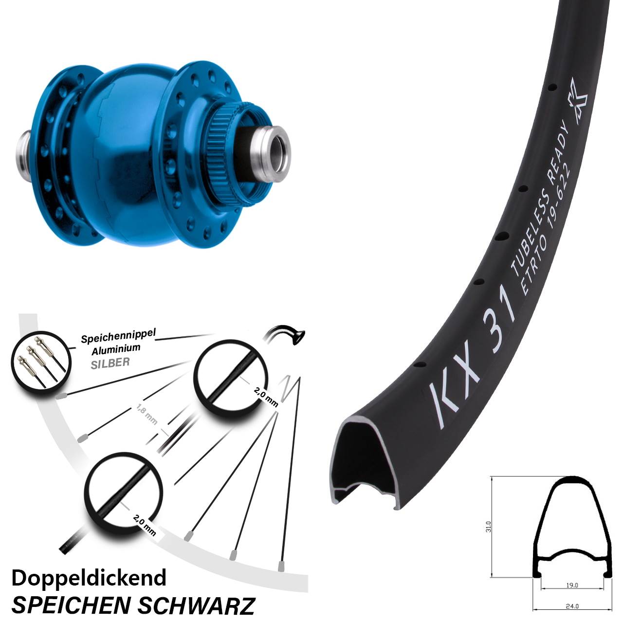 Centerlock Dynamo-Vorderrad 12x100 28 Zoll KX 31 SON 28 blau