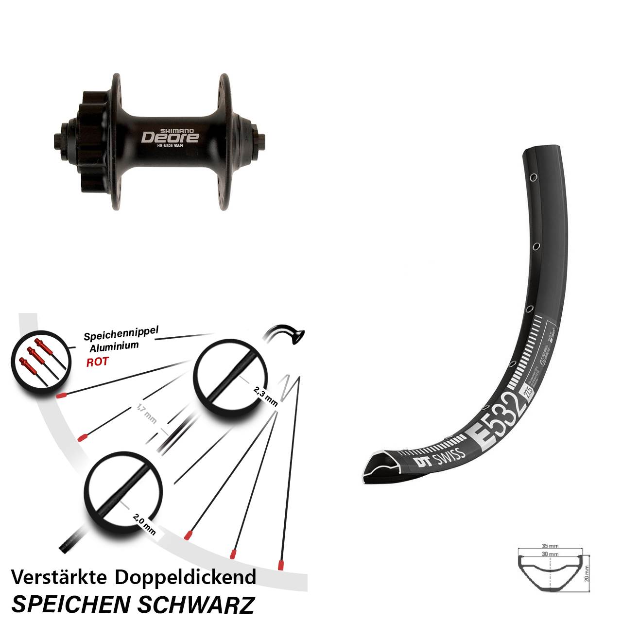 27,5 Zoll DT Swiss E532 Shimano Deore 6-Loch Vorderrad für Schnellspanner