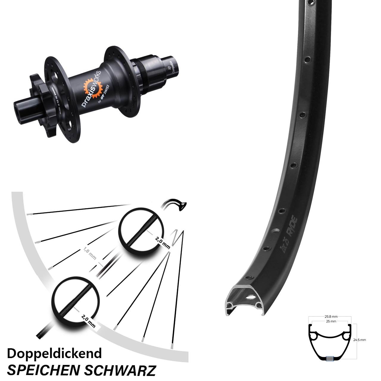 Hinterrad 28-29 Zoll Ryde ZAC 25 DT Swiss 350 SL 12x142 6-Loch XD