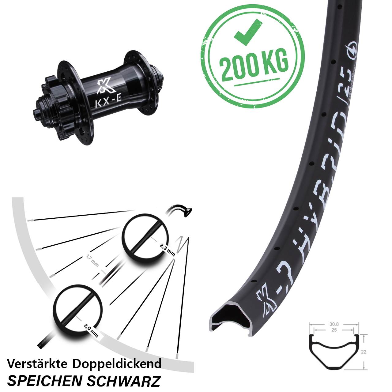 26 Zoll Vorderrad E-Bike KX-ER Hybrid 25 verstärkt 5x100 mm Schnellspanner Disc 6-loch