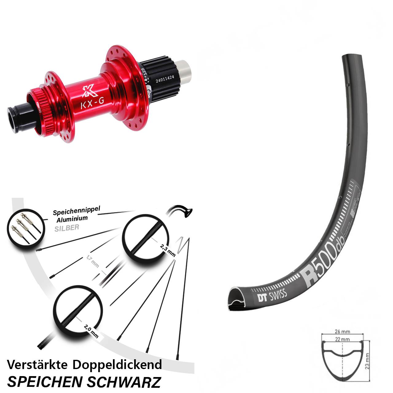 28 Zoll DT Swiss R500 KX-G rot Centerlock Hinterrad 12x142 Micro Spline