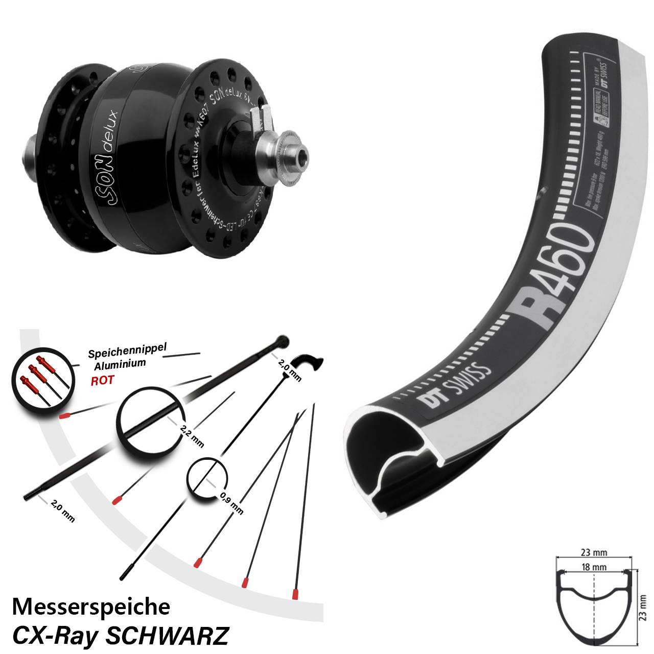 SON delux Rennrad Vorderrad 28 Zoll DT Swiss R 460 QR CX Ray