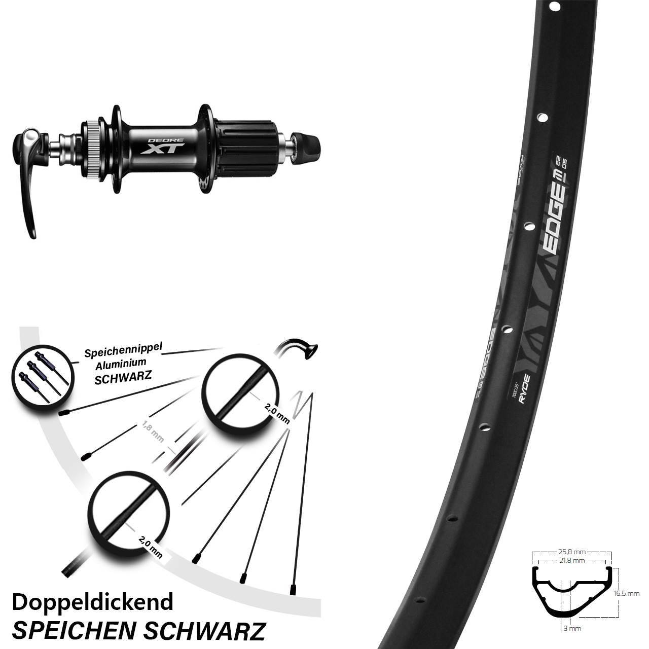 Centerlock Hinterrad QR 28-29 Zoll Ryde Edge M22 Shimano FH-M8000 8-11 fach HG