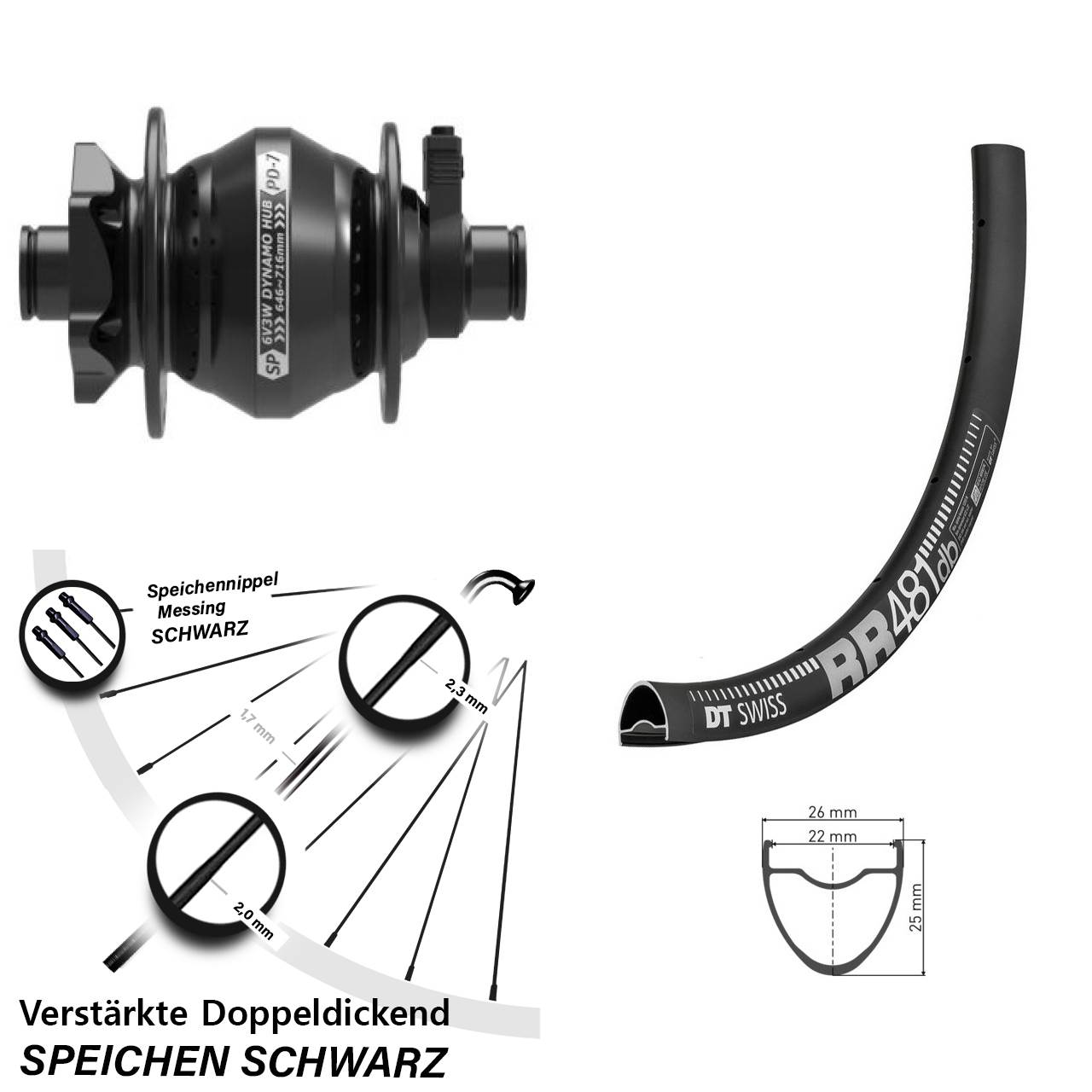 Nabendynamovorderrad 6-Loch 12x100 28 Zoll DT Swiss RR 481 Shutter PD-7