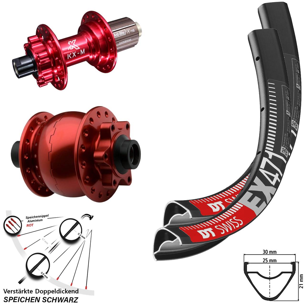 DT Swiss EX471 KX-M rot SON 28 26 Zoll Laufradsatz 6-Loch 15x100 12x142 8-12 fach