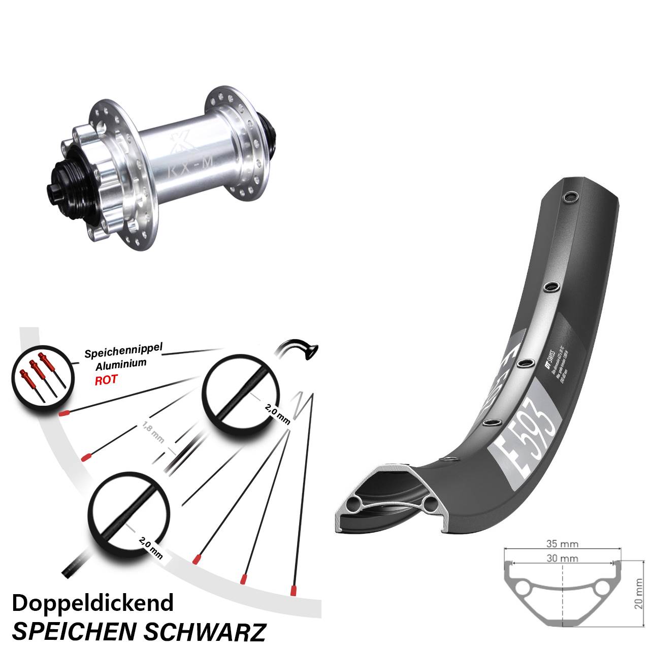 29 Zoll DT Swiss E593 Disc KX-M 6-Loch Vorderrad QR