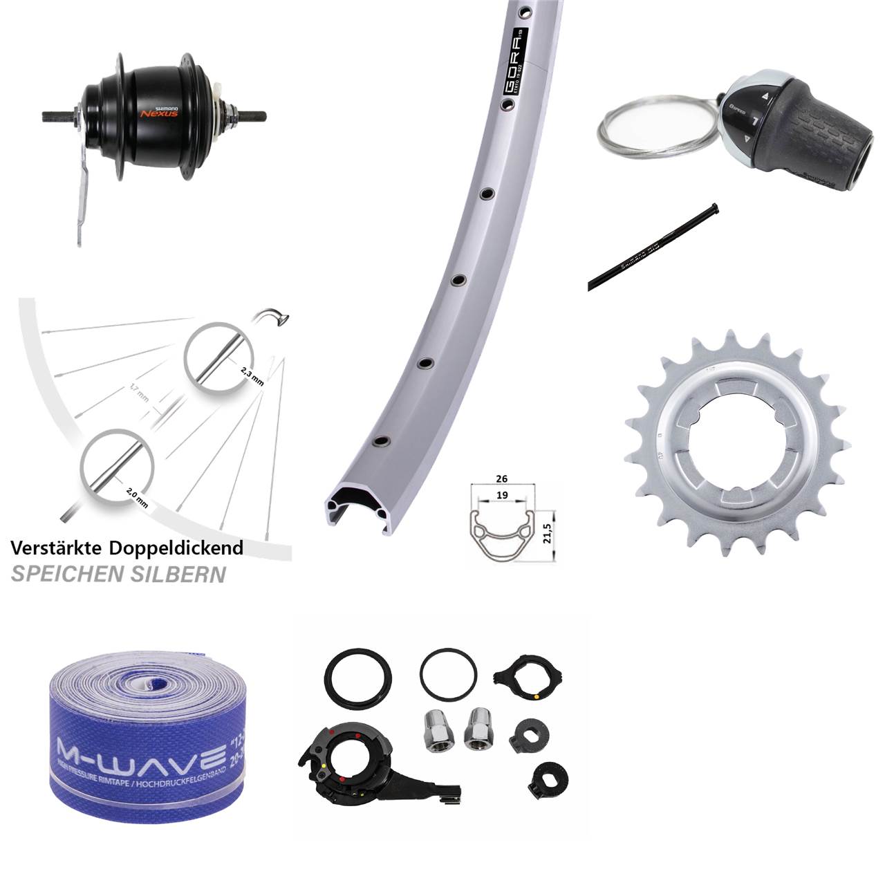 28 Zoll Hinterrad Shimano Nexus 8 Gang Gora 19 silbern mit Rücktrittbremse