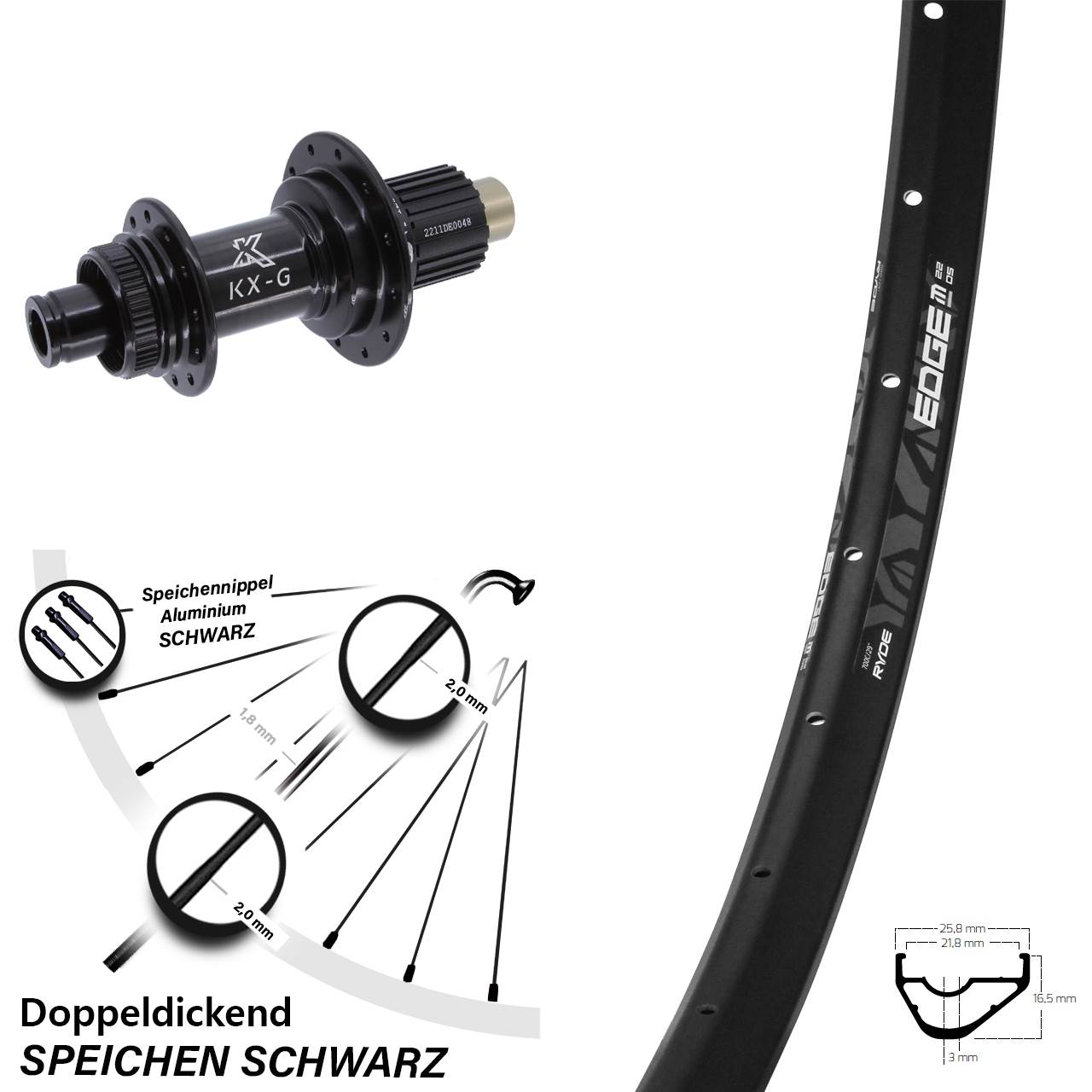 28 Zoll Ryde Edge M22 KX-G Disc Hinterrad 12x142 Micro Spline