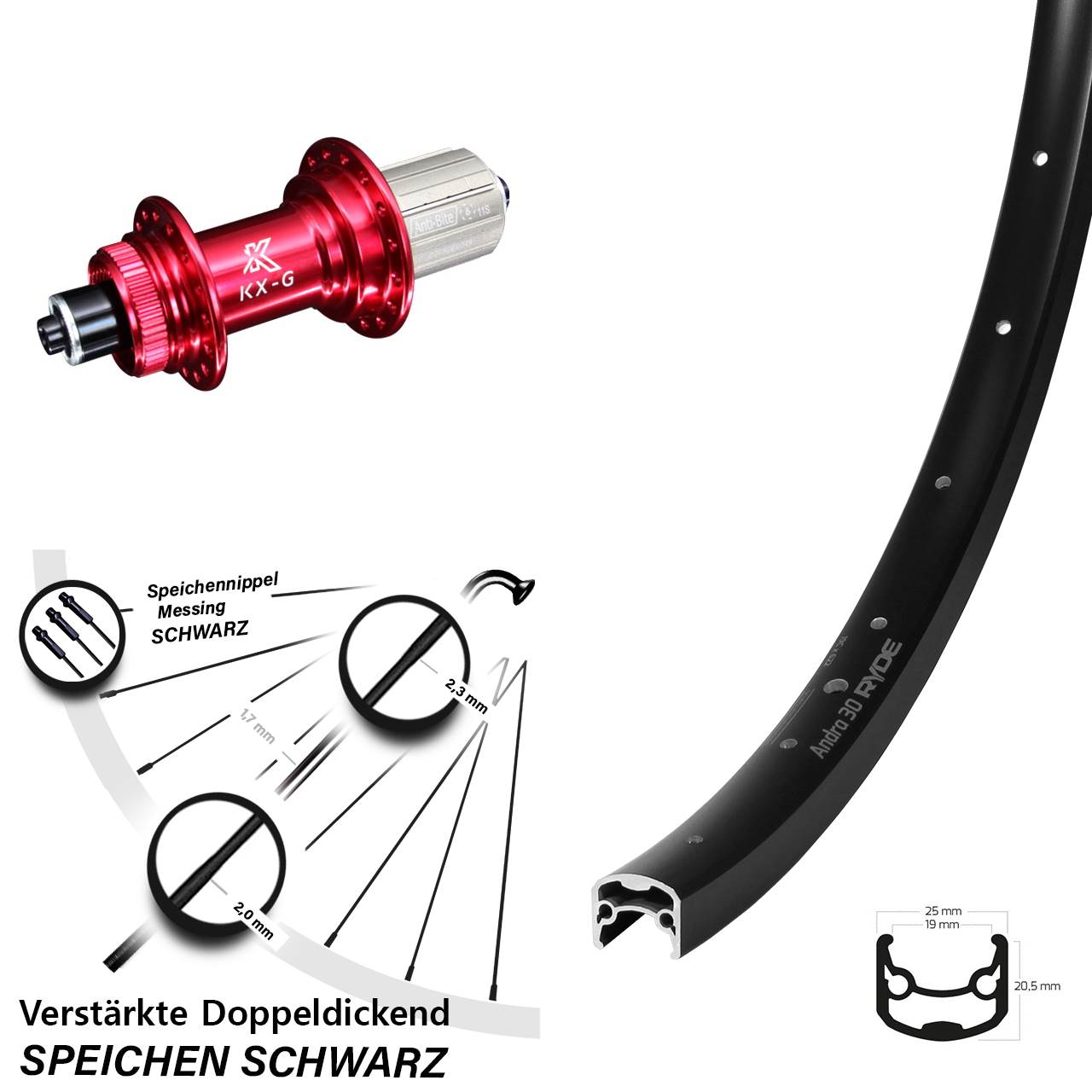 Hinterrad Centerlock QR 28 Zoll Ryde Andra 30 KX-G rot 8-12 fach