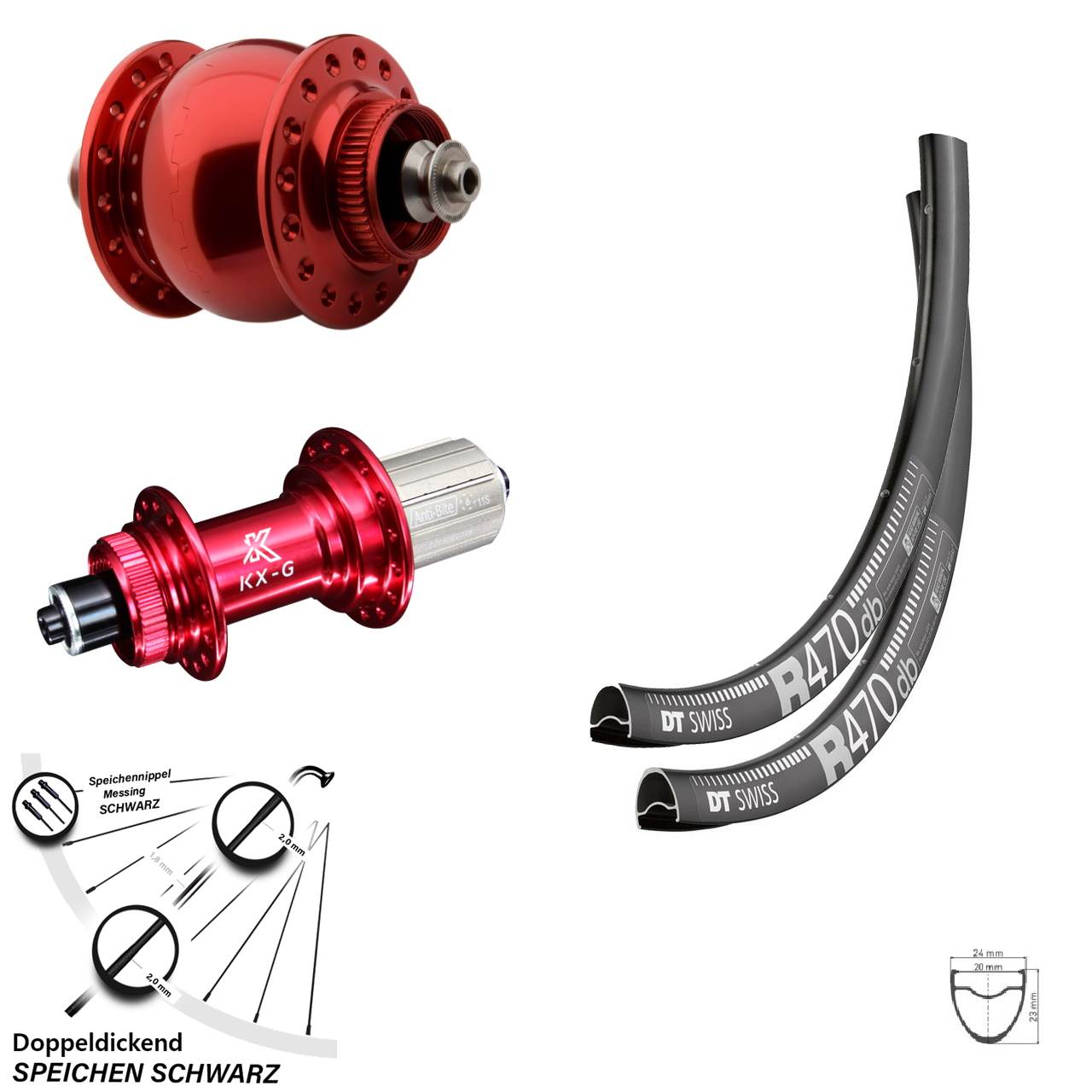 Disc Laufrad-Satz QR 28 Zoll DT Swiss R 470 KX-G rot SON delux 8-12 fach