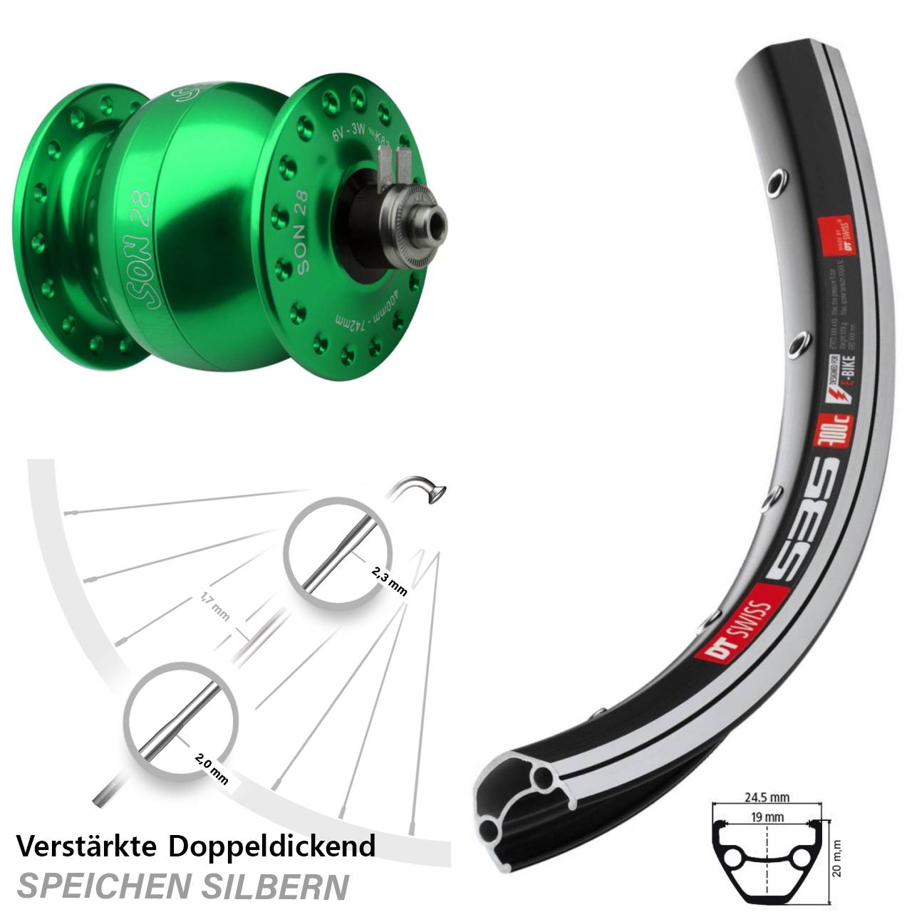 Nabendynamovorderrad QR SON 28 Zoll DT Swiss 535 grün