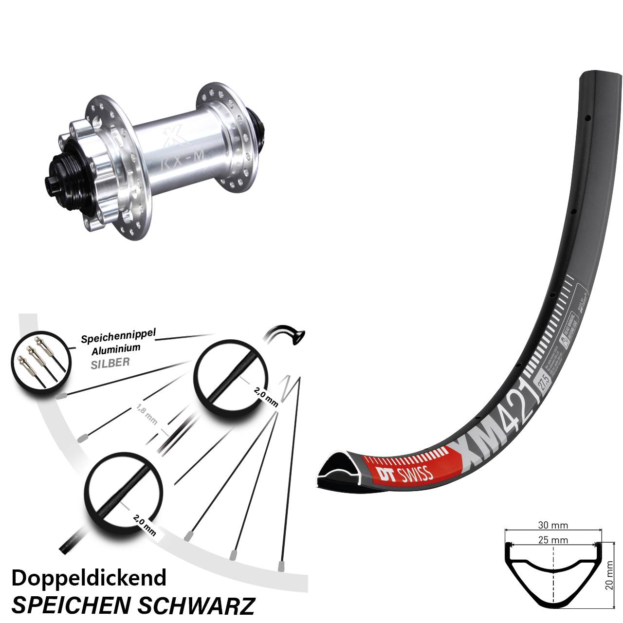 Laufrad 29 Zoll DT Swiss XM 421 Disc KX-M 6-Loch 5/100 silbern