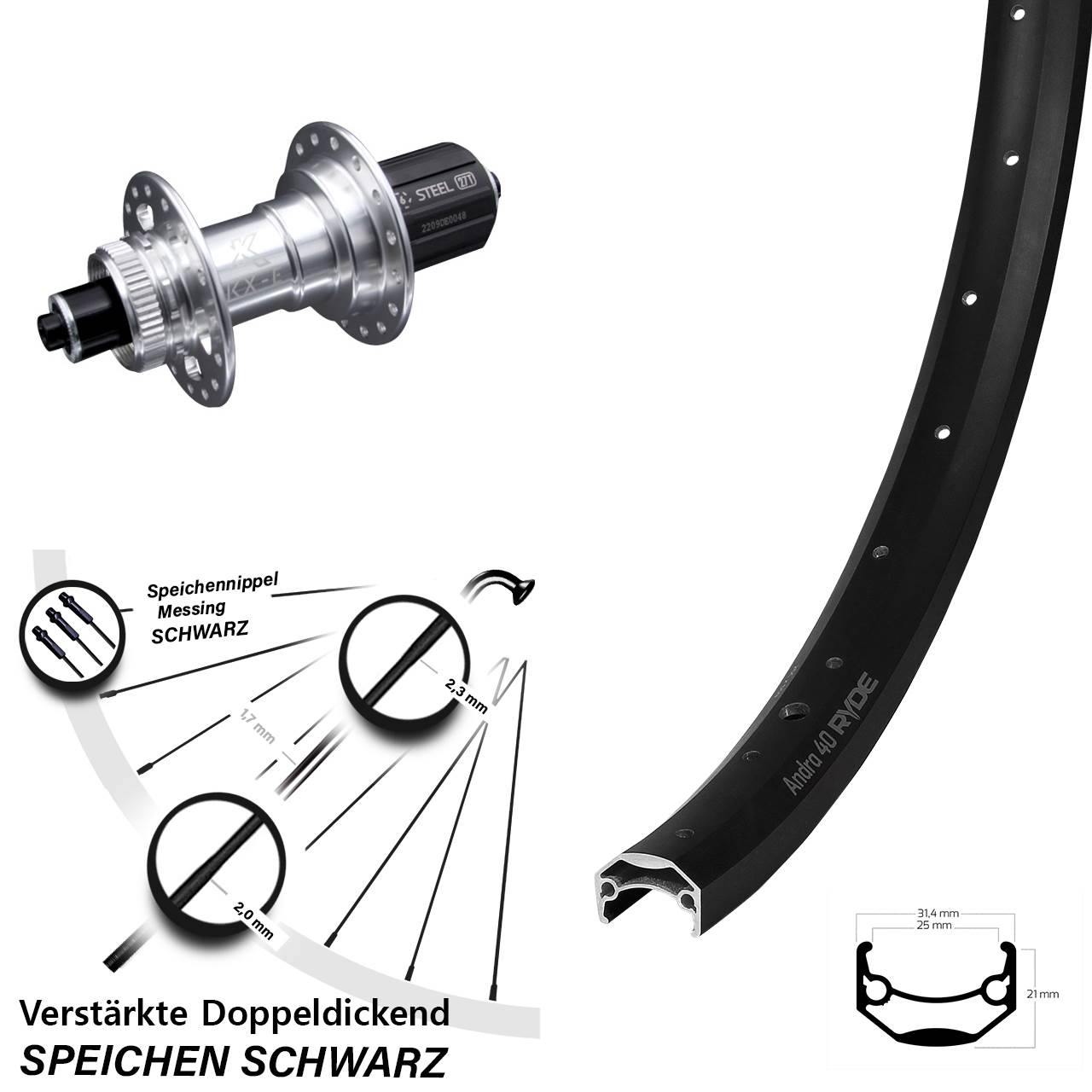 Disc Hinterrad für Schnellspanner 20 Zoll Ryde Andra 40 KX-E verstärkt 8-12 fach
