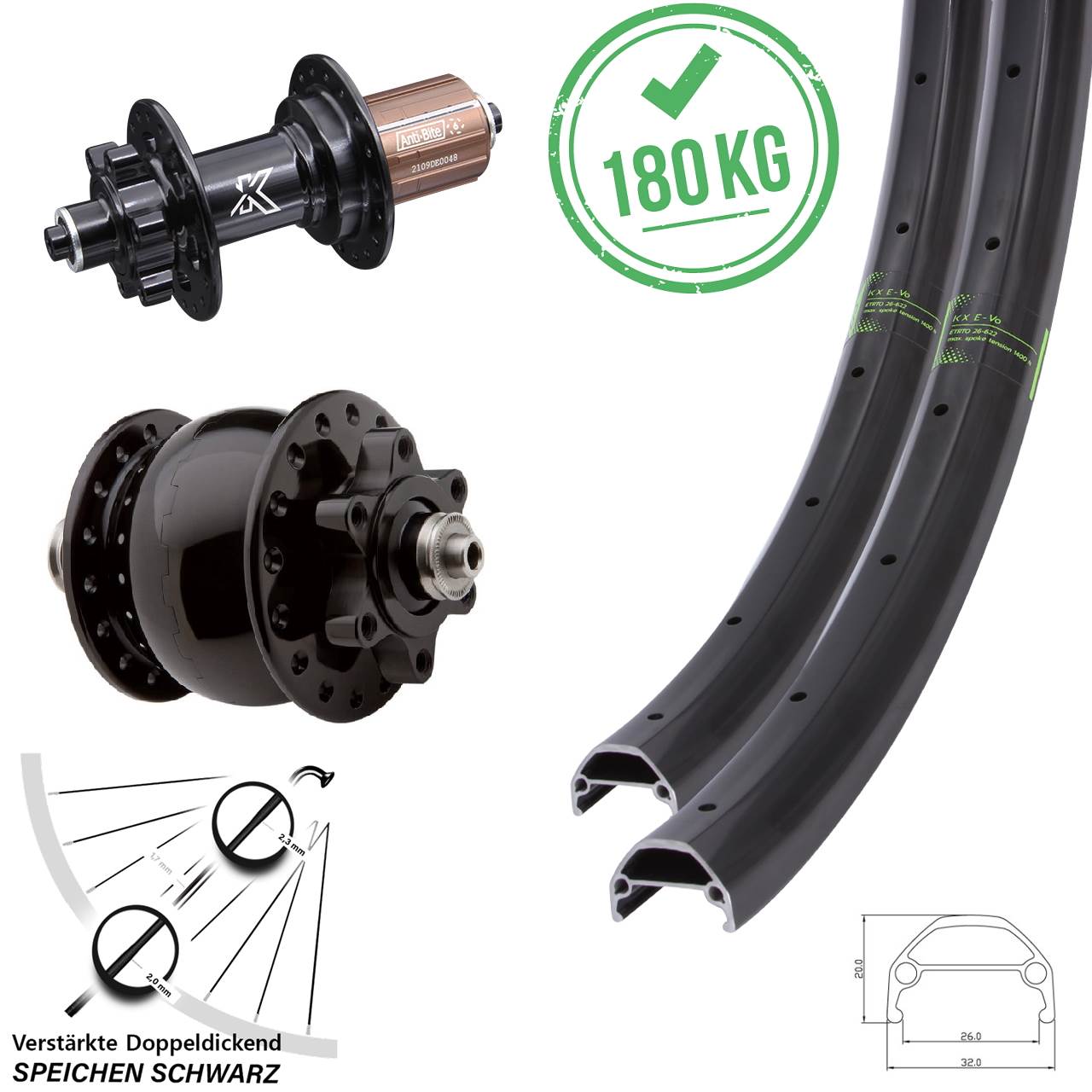 Disc Laufrad-Satz QR 20/26 Zoll KX-M Evo SON 28 8-11 fach HG