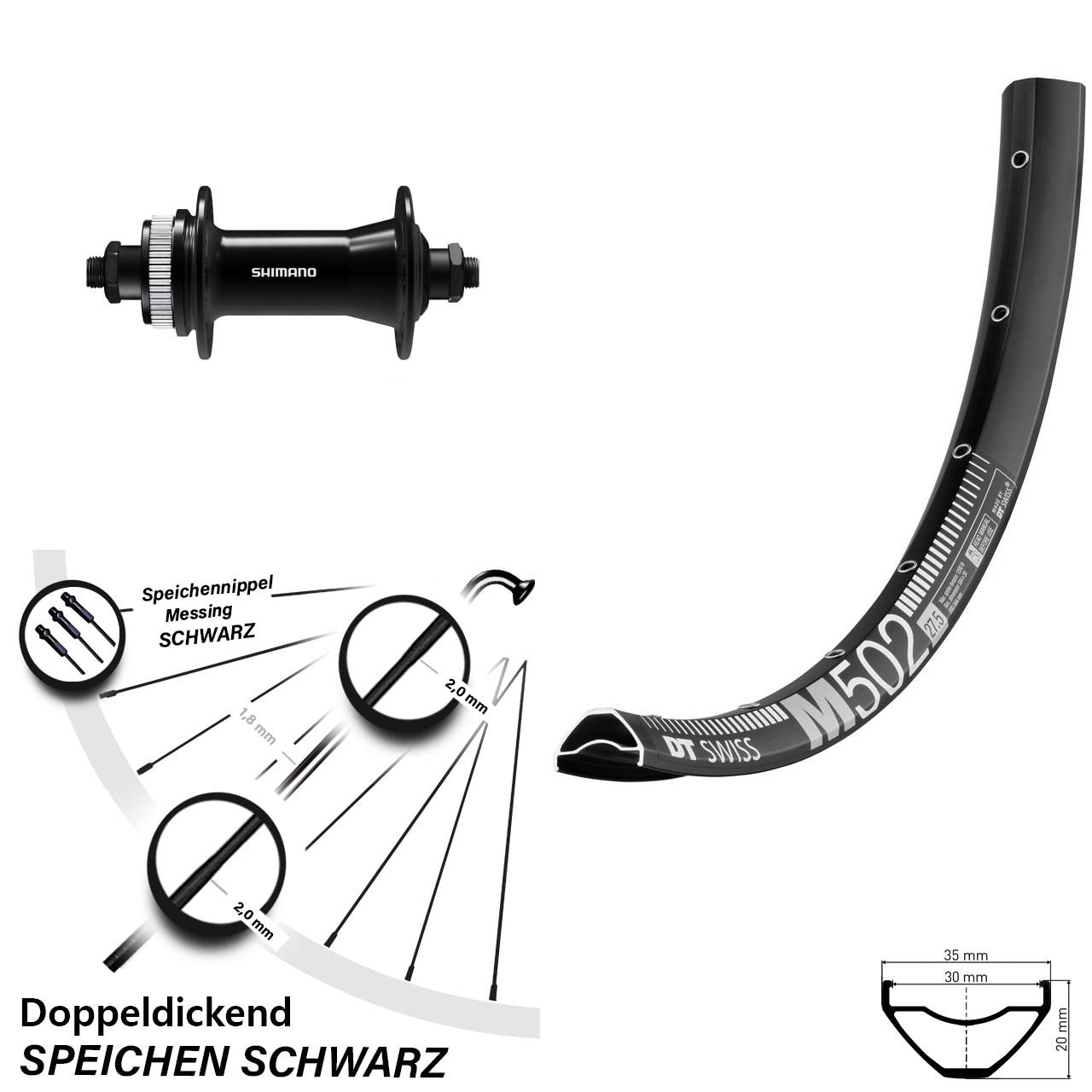 27,5 Zoll DT Swiss M502 Shimano HB-QC400 Centerlock Vorderrad QR