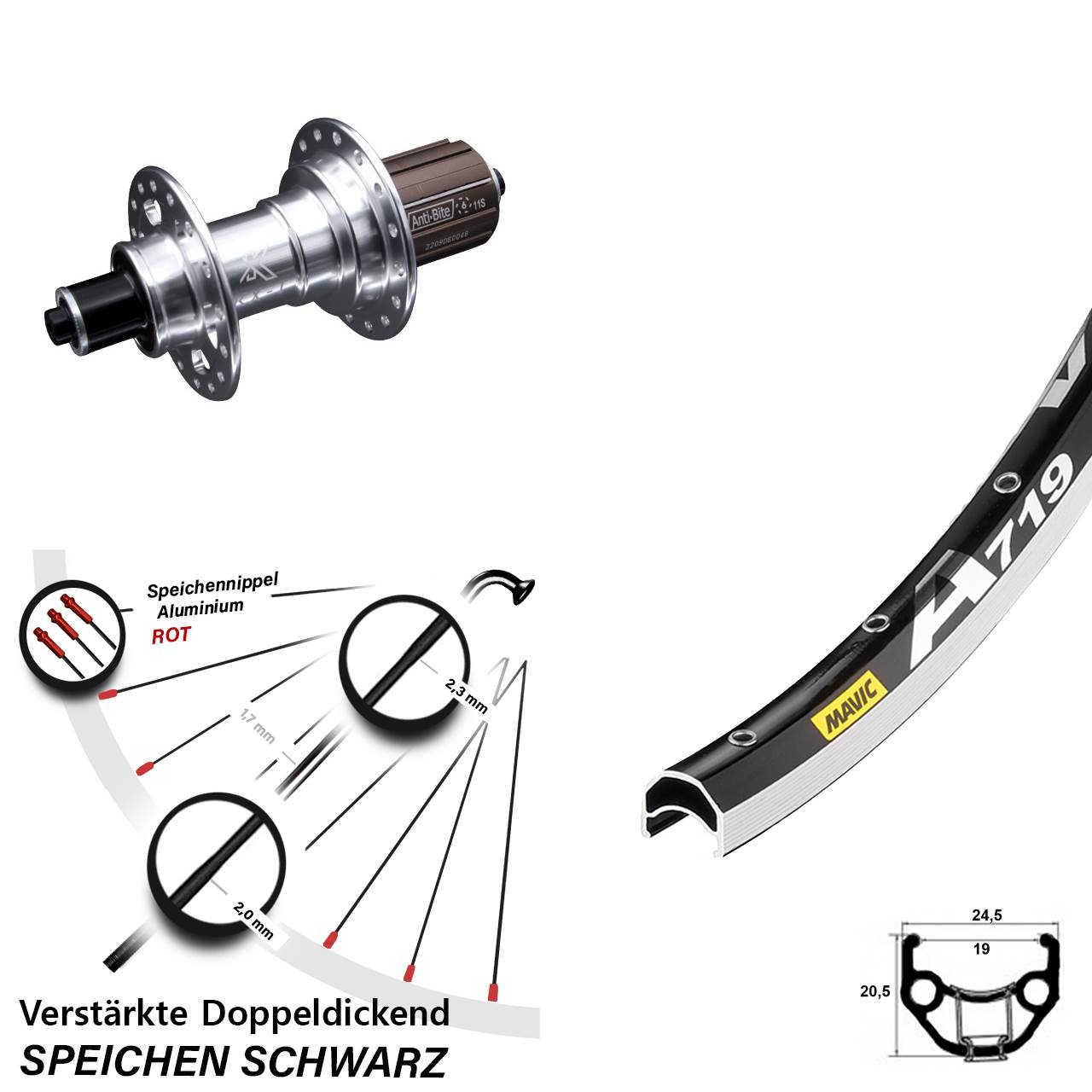 Hinterrad 28 Zoll Mavic A719 KX-T 8-12 fach für Schnellspanner