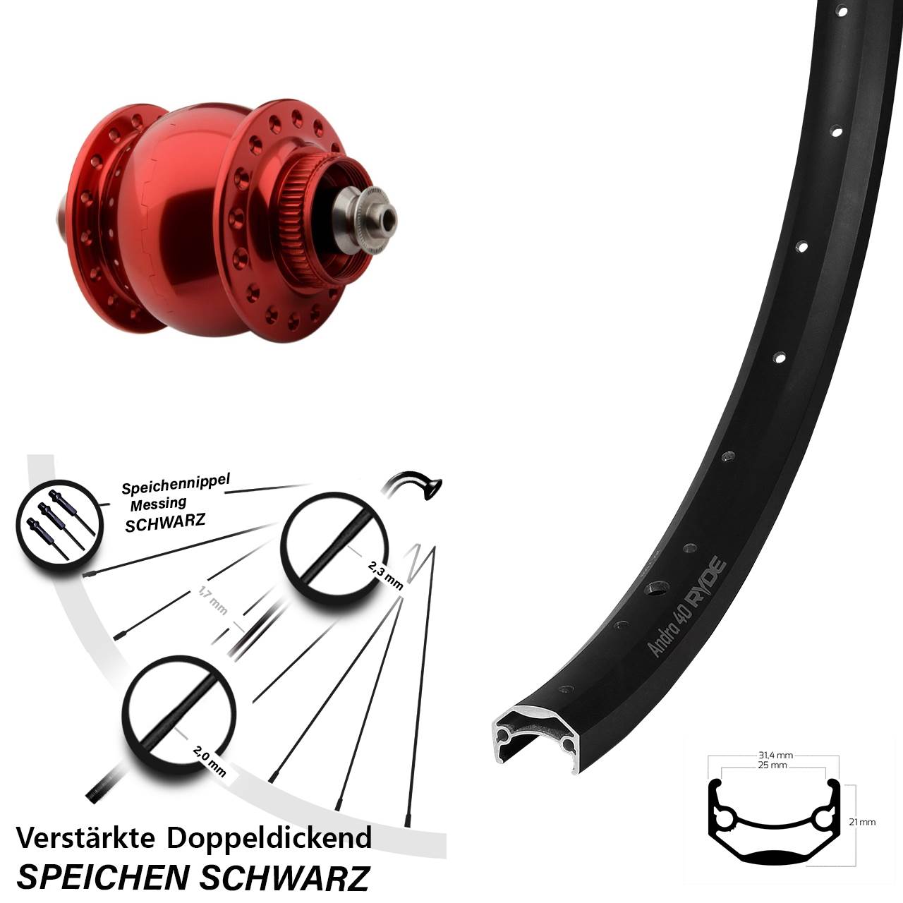 20 Zoll Ryde Andra 40 SON 28 rot Disc Nabendynamovorderrad für Schnellspanner