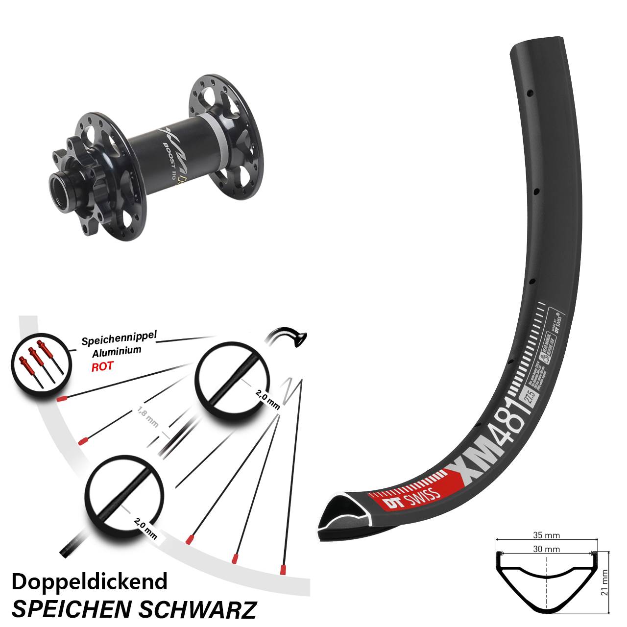 Boost 6-Loch Vorderrad 15x110 27,5 Zoll DT Swiss XM481 Miche XMH 550