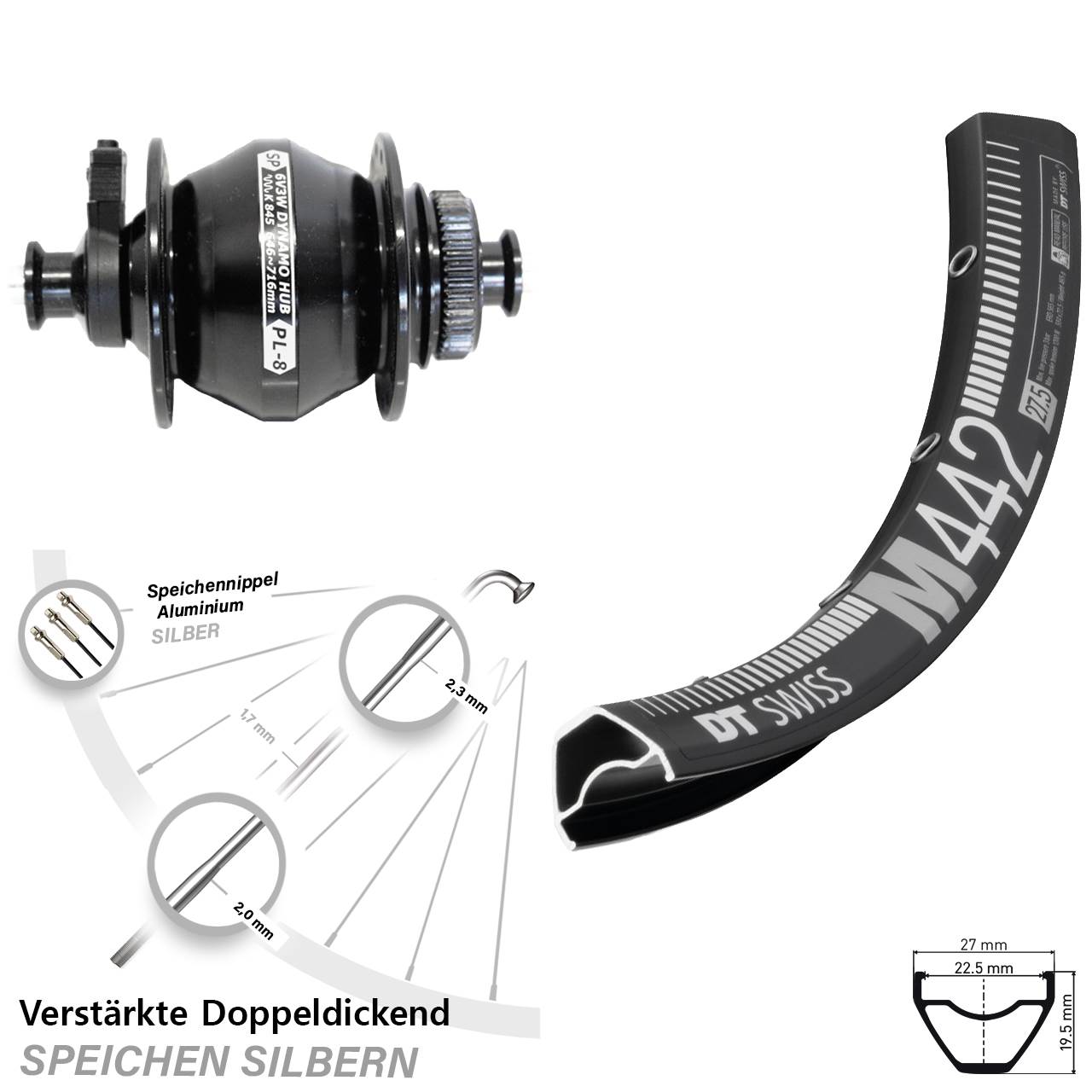 DT Swiss M 442 Shutter PL-8 28-29 Zoll Disc Laufrad mit Nabendynamo QR