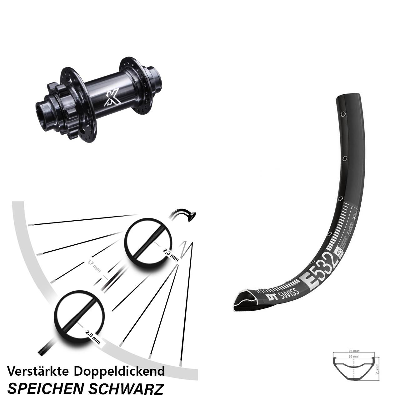 29 Zoll DT Swiss E532 KX-M Downhill 6-Loch Vorderrad 20x110 (DH alt)