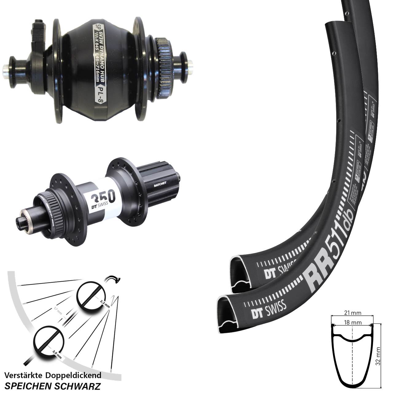 28 Zoll DT Swiss RR 511-350 Shutter PL-8 Centerlock Laufradsatz QR 8-11 fach