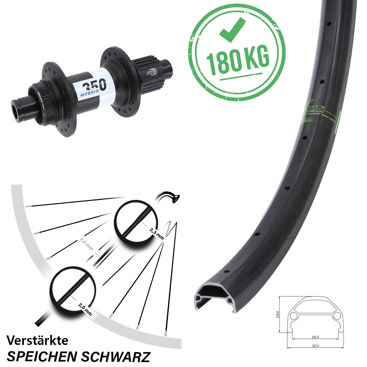 KX Evo DT Swiss 350 Hybrid 26 Zoll Centerlock Hinterrad 12x148 Boost Shimano Micro Spline