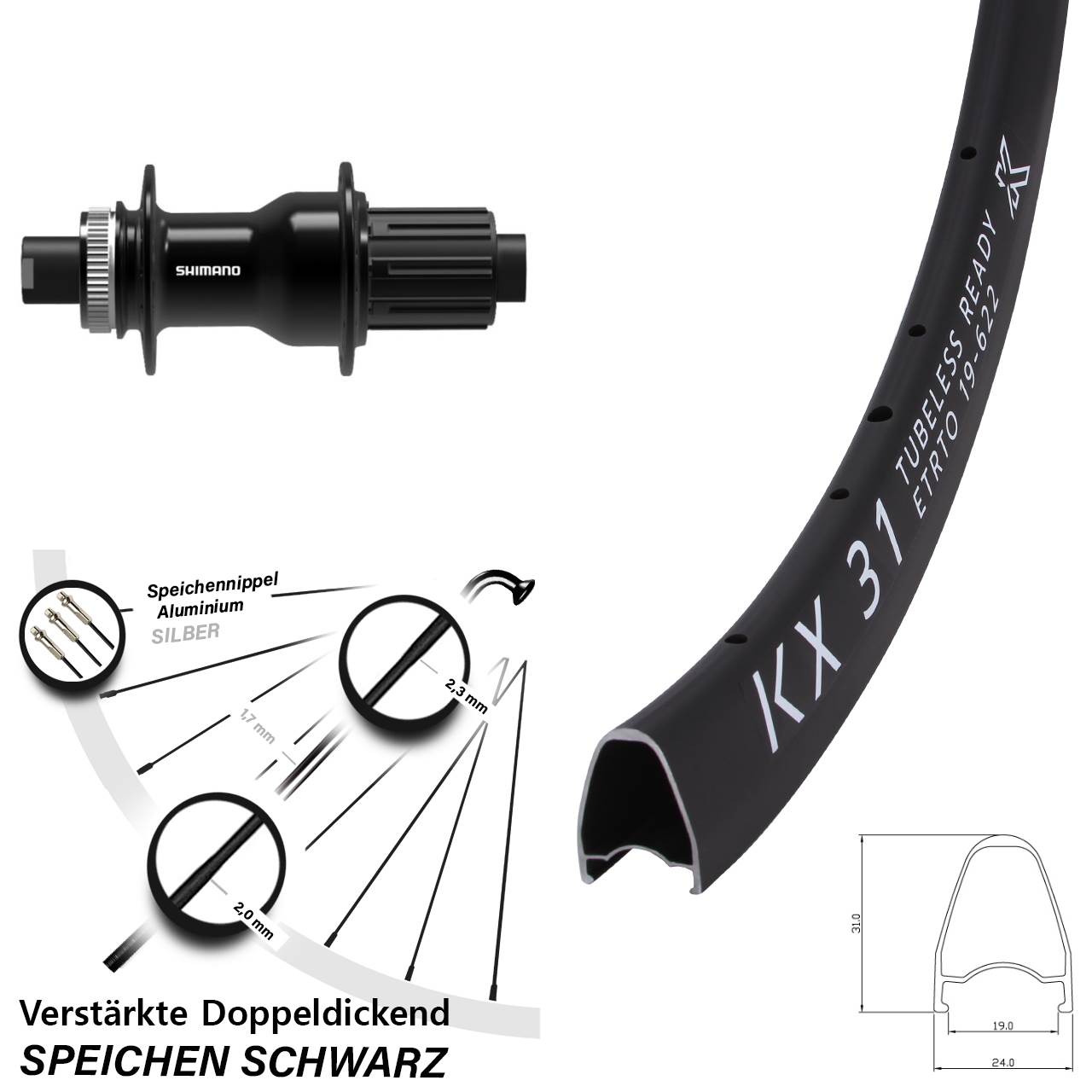 28 Zoll KX31 Shimano FH-TC500 Disc Laufrad 12x142 11-12 fach HG