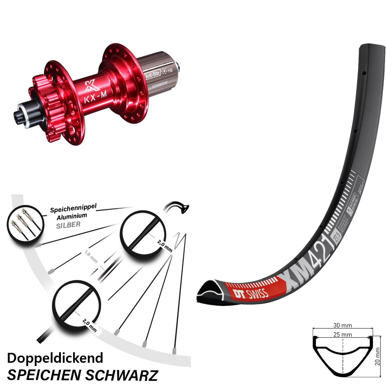 DT Swiss XM421 KX-M rot 27,5 Zoll Disc Laufrad QR 8-12 fach