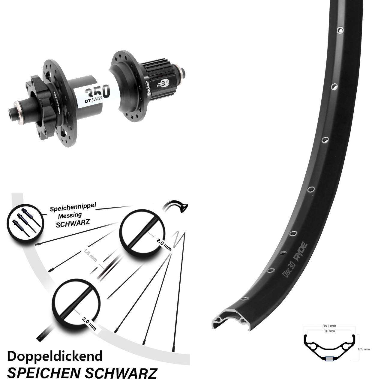 Disc Hinterrad 29 Zoll Ryde Disc 30 DT Swiss 350 Micro Spline für Schnellspanner Boost
