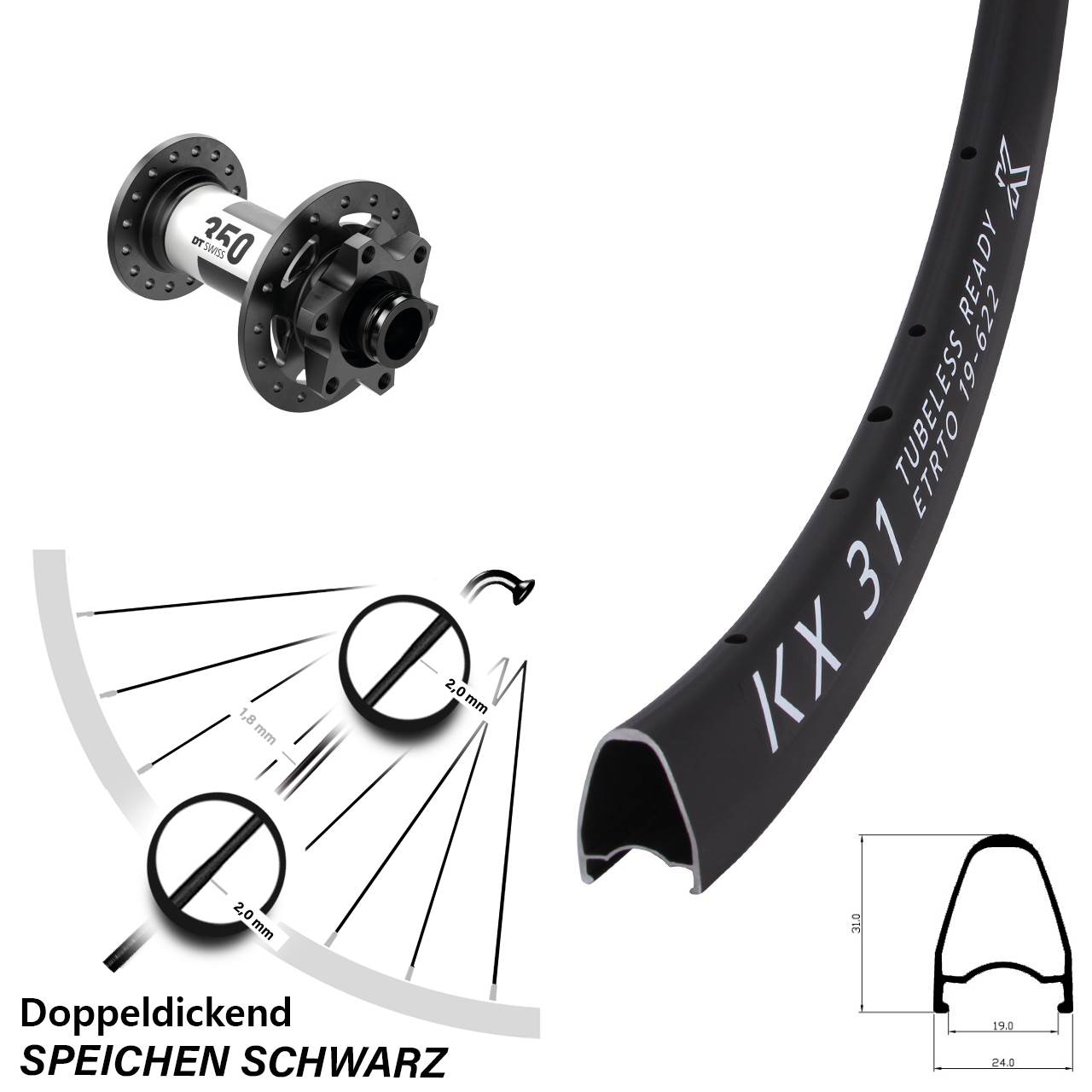 Laufrad 28 Zoll KX 31 Disc DT Swiss 350 12x100 6-Loch