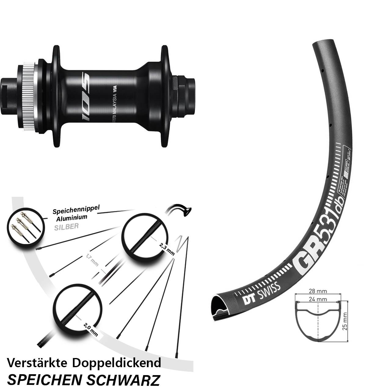 verstärktes Vorderrad Gravel DT Swiss GR 531 DB Steckachse Nabe Shimano 105