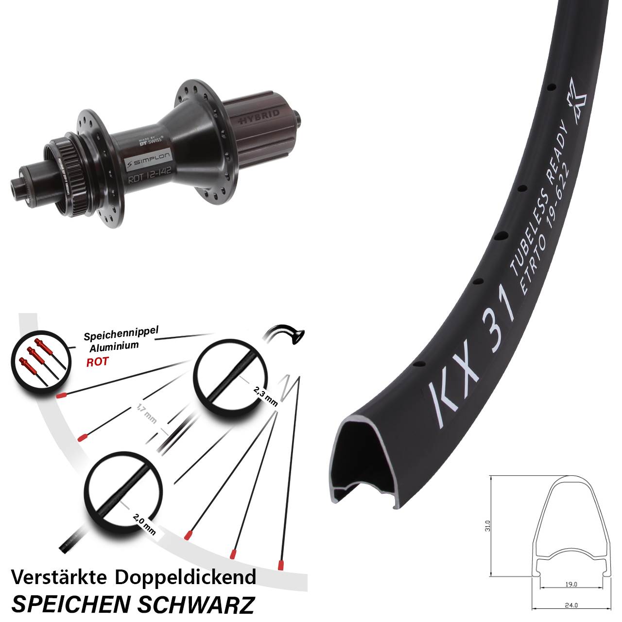 Disc Laufrad 28 Zoll KX31 DT Swiss 370 Hybrid 8-11 fach QR