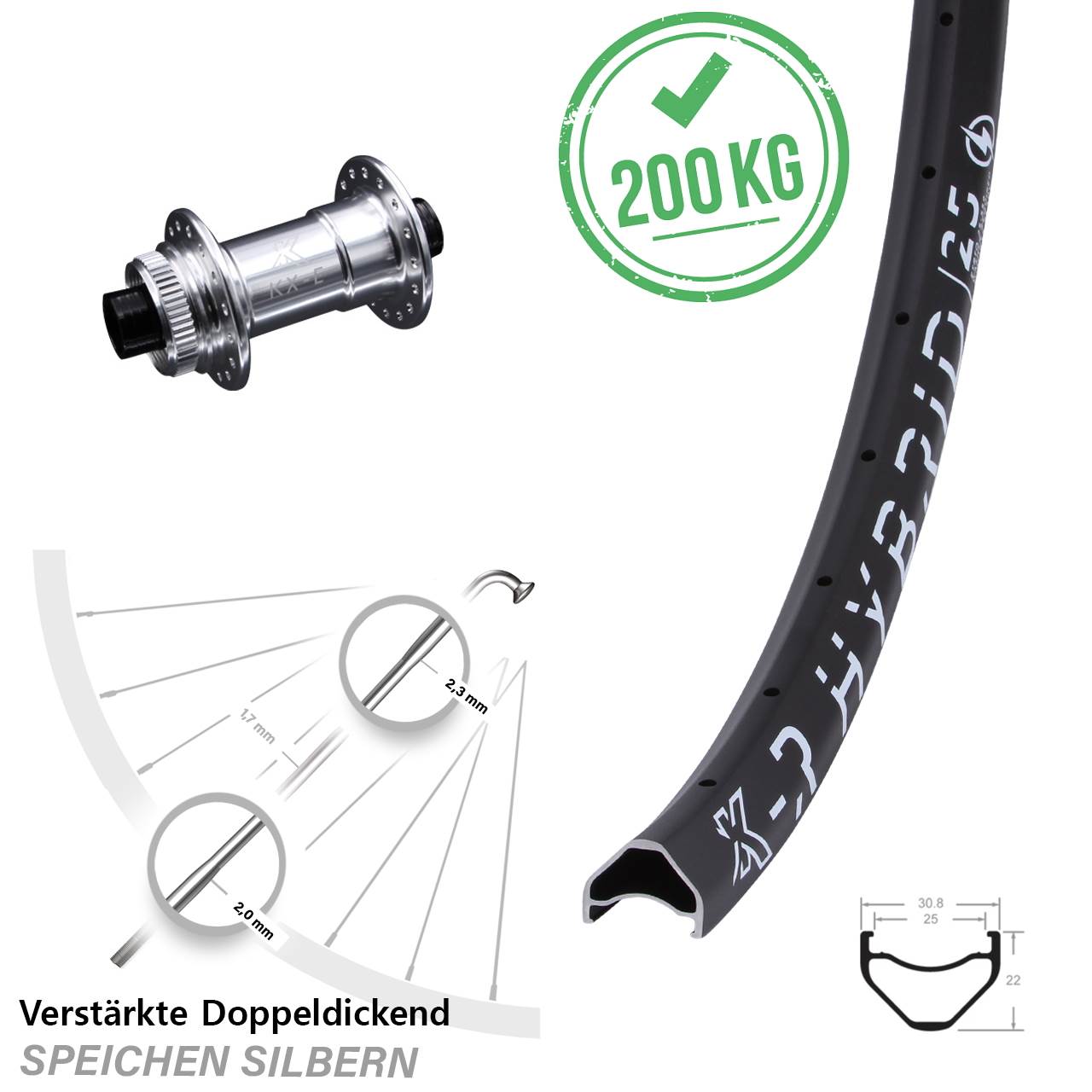 29 Zoll Vorderrad KX-ER Hybrid 25 Steckachse 15x100 mm verstärkt E-Bike Centerlock silbern