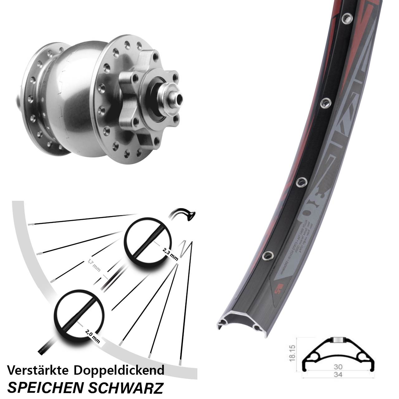 Nabendynamovorderrad 6-Loch 29 Zoll Rodi TRYP 30 SON 28 silbern für Schnellspanner