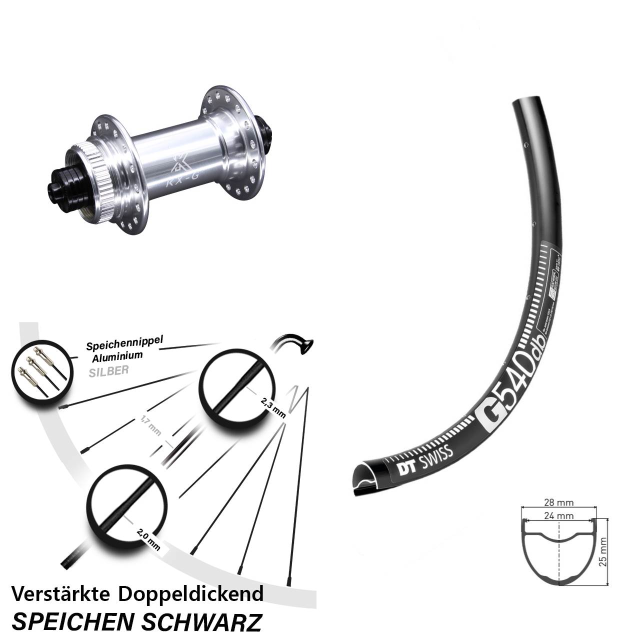Gravel 27,5 Zoll Vorderrad DT Swiss G 540 verstärkt KX-G silbern Centerlock Schnellspanner
