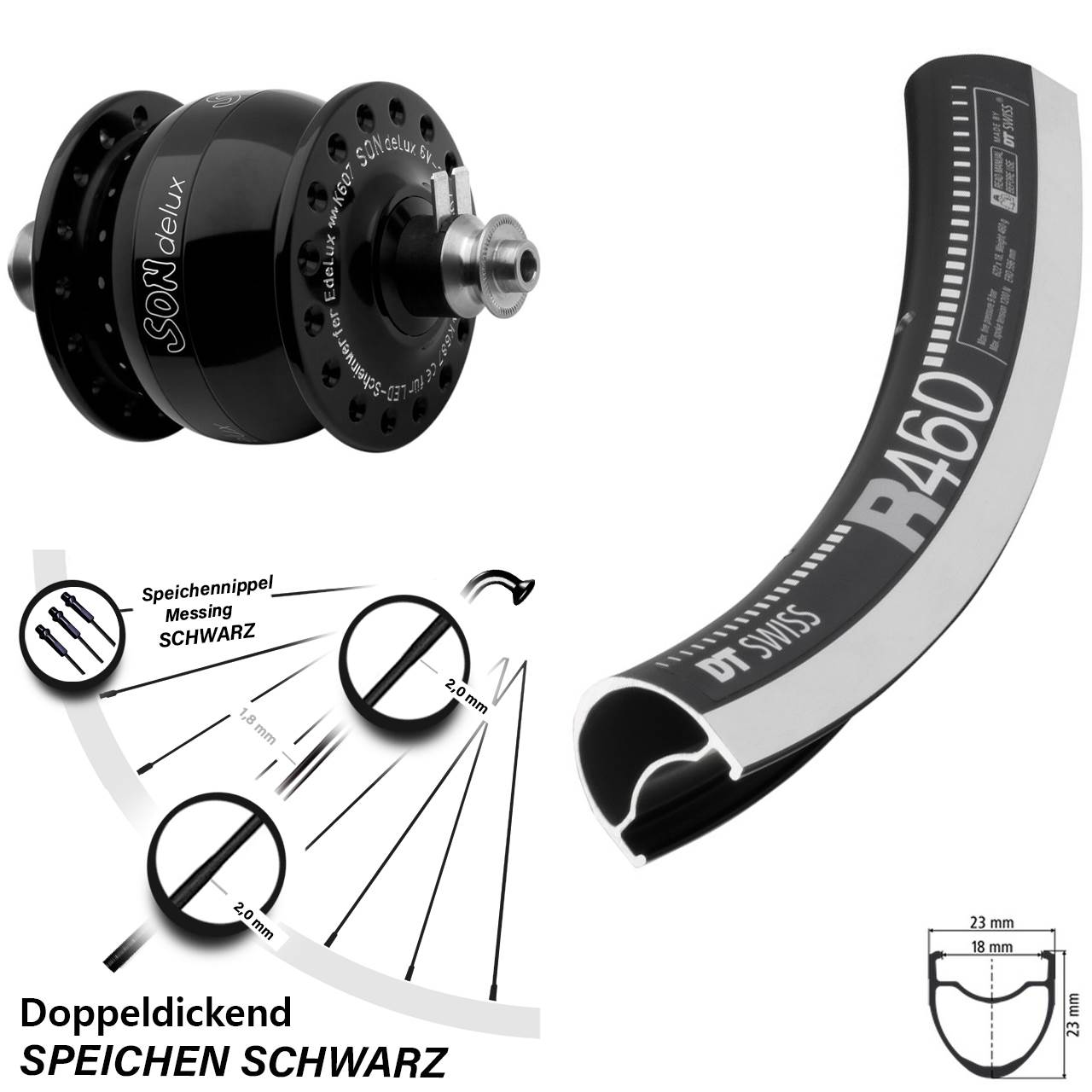 SON delux Rennrad Vorderrad 28 Zoll DT Swiss R 460 5x100 schwarz