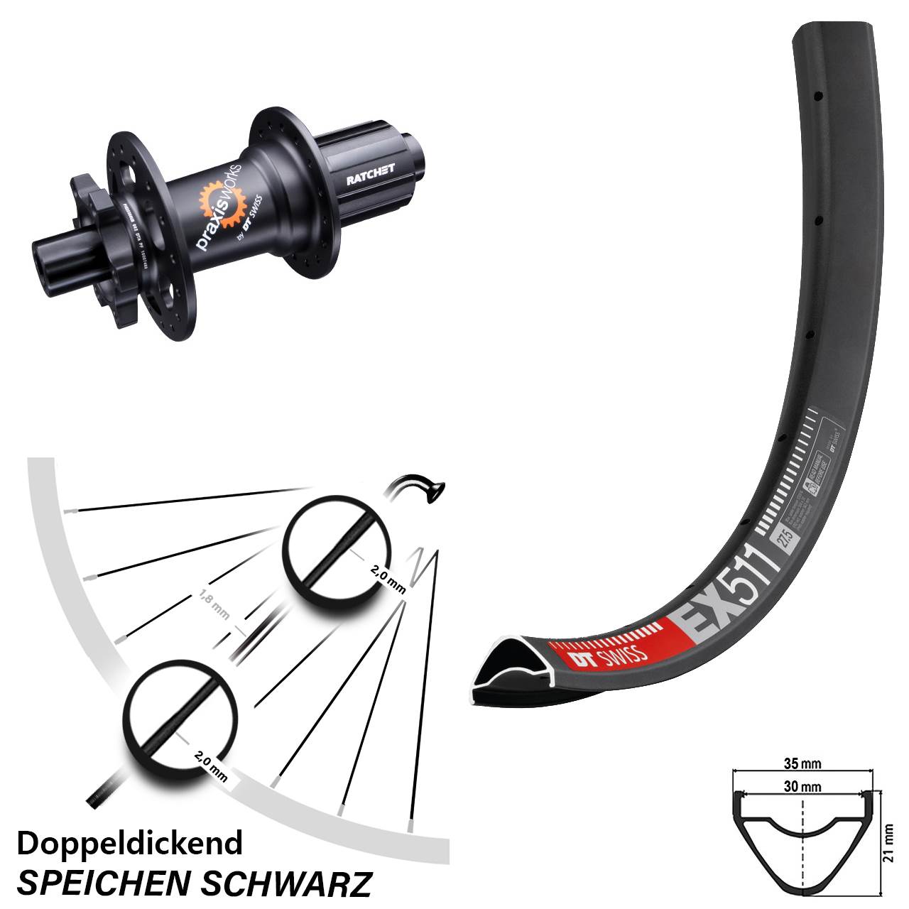 27,5 Zoll DT Swiss EX 511-350 Disc Hinterrad 12x142 8-11 fach