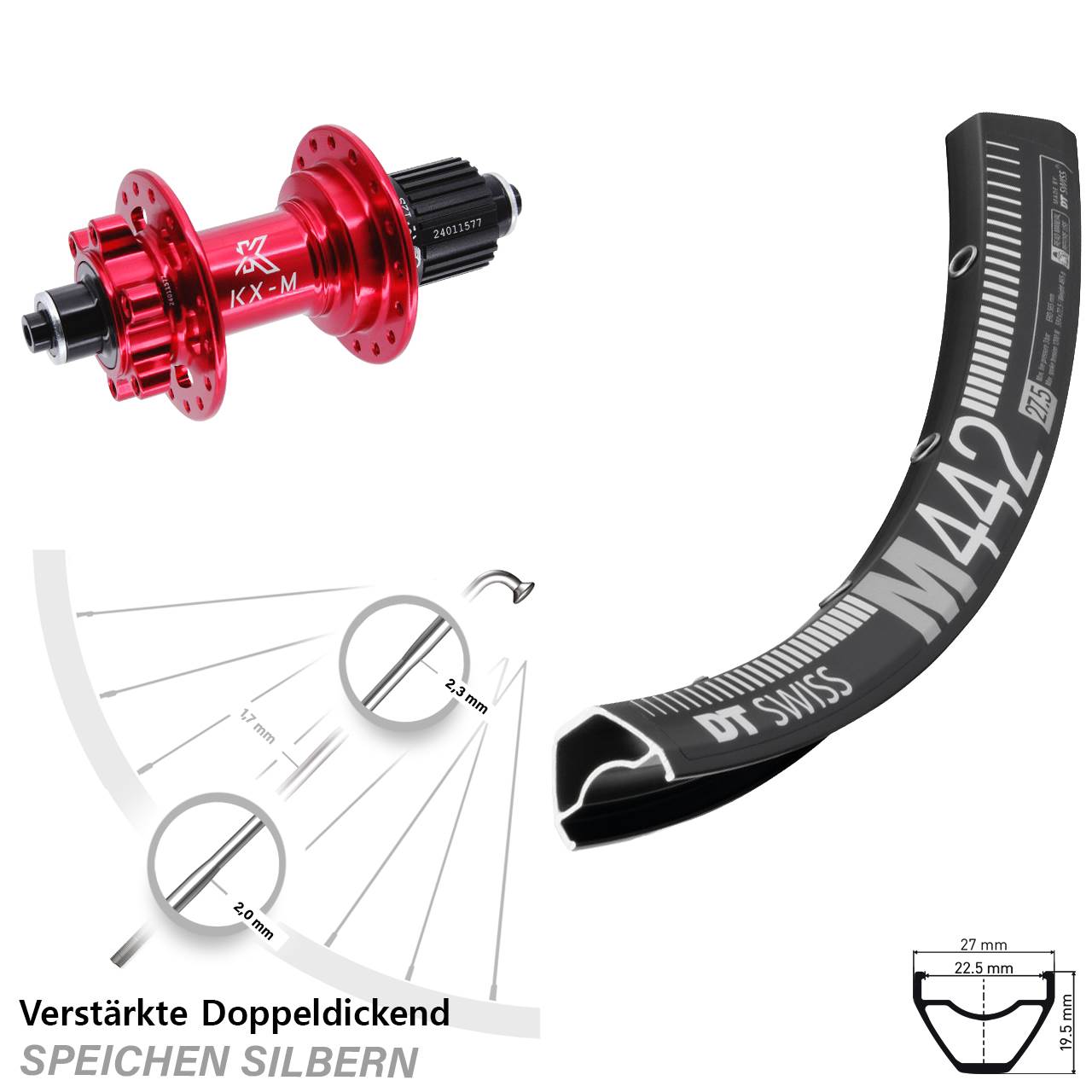 6-Loch Hinterrad für Schnellspanner 29 Zoll DT Swiss M 442 KX-M rot Micro Spline