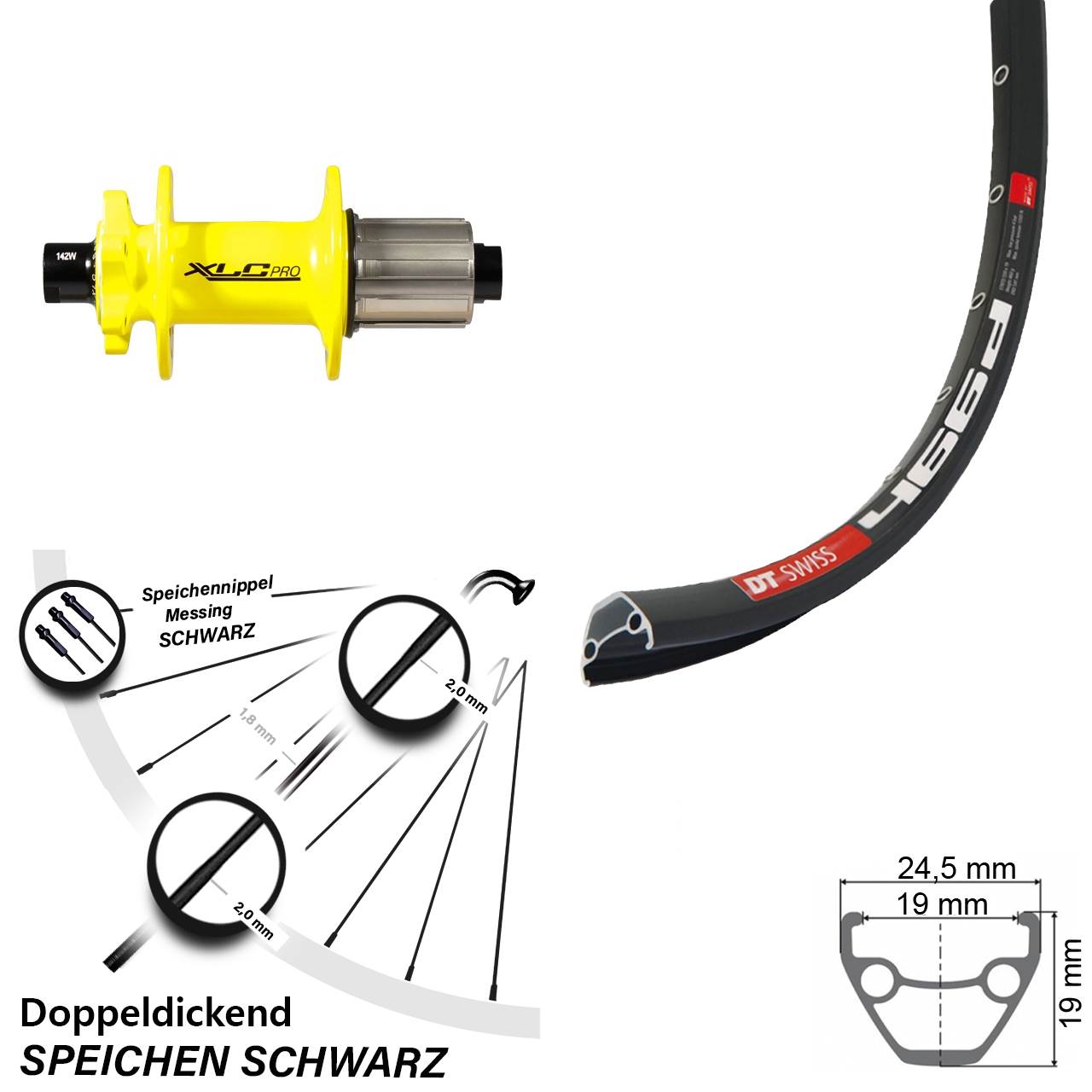 Hinterrad 6-Loch 12x142 28-29 Zoll DT Swiss 466d XLC gelb 8-11 fach